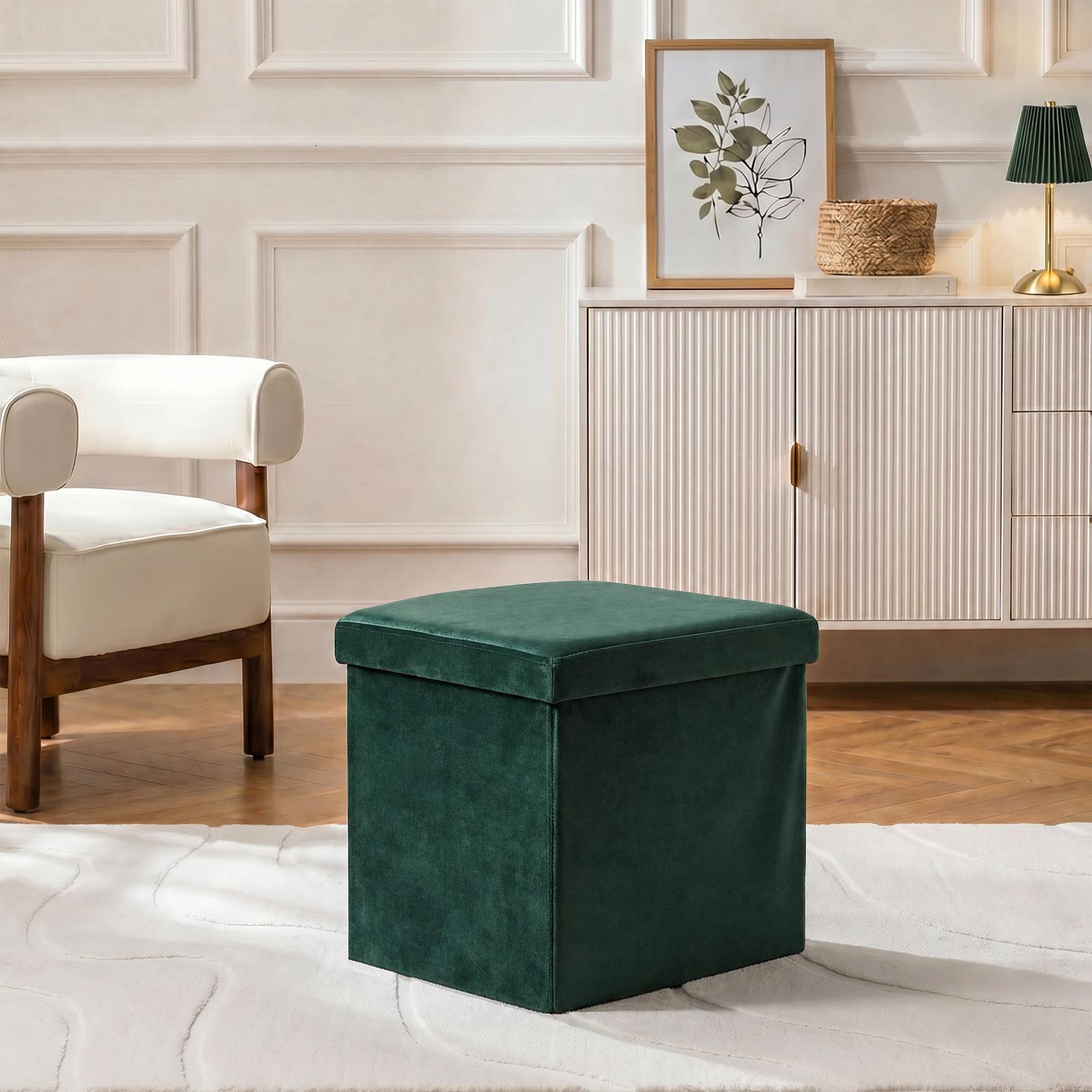 OHS Folding Ottoman Storage Box Footstool Tub Space Saving Velvet Seat