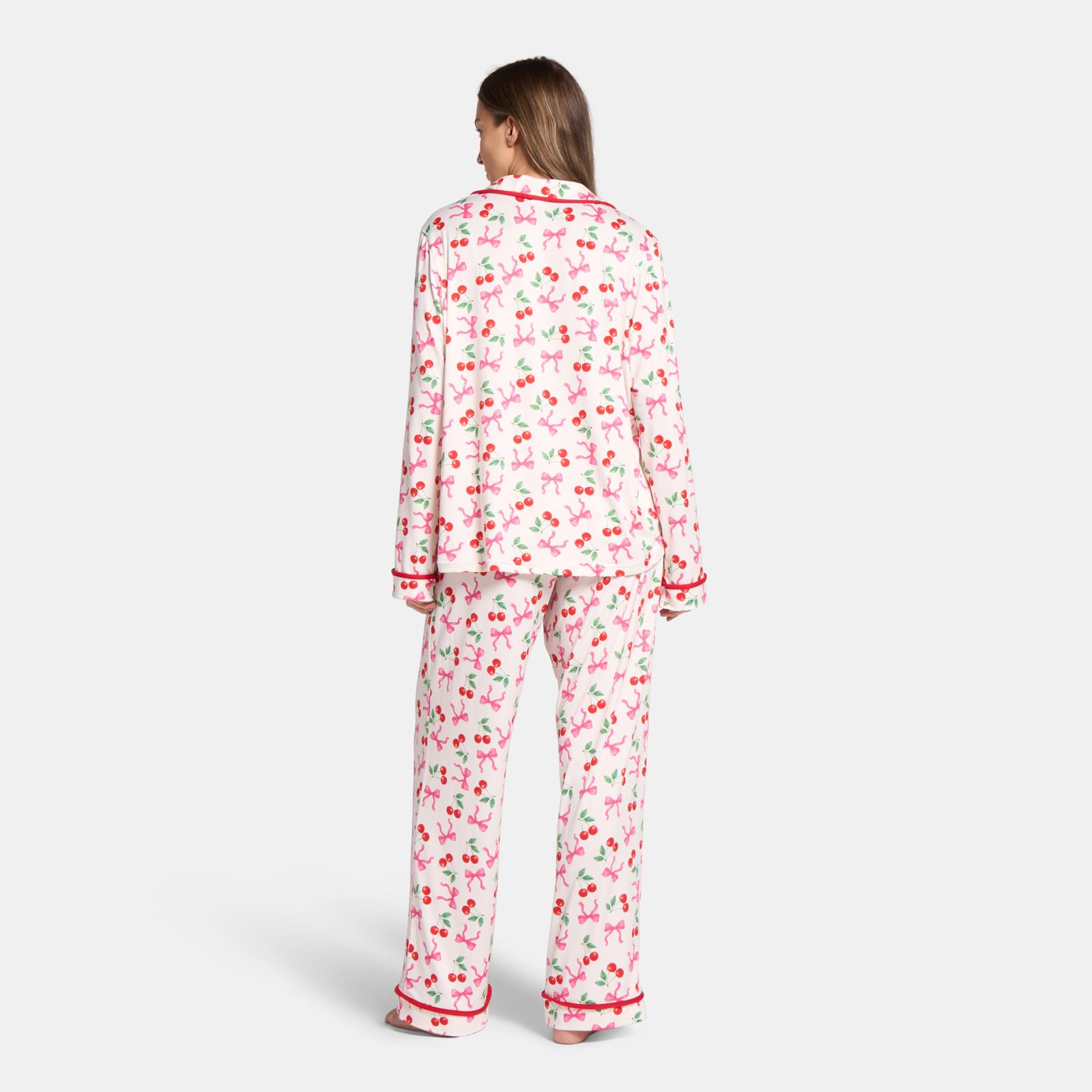 OHS Bows Pyjama Set Womens Jersey Button Through Soft Nightwear Loungewear