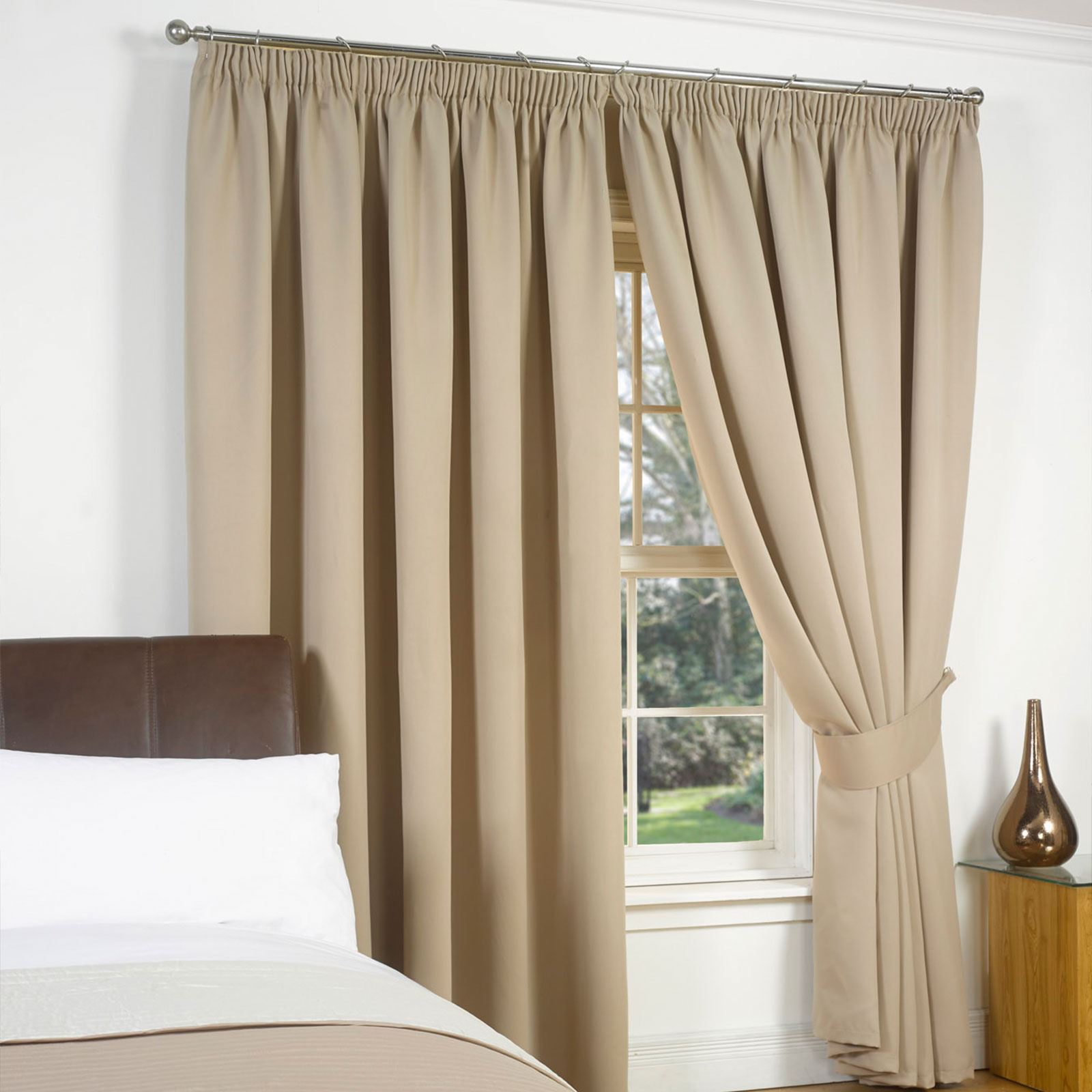 Dreamscene Thermal Pencil Pleat PAIR of Blackout Curtains & Tiebacks Ready Made