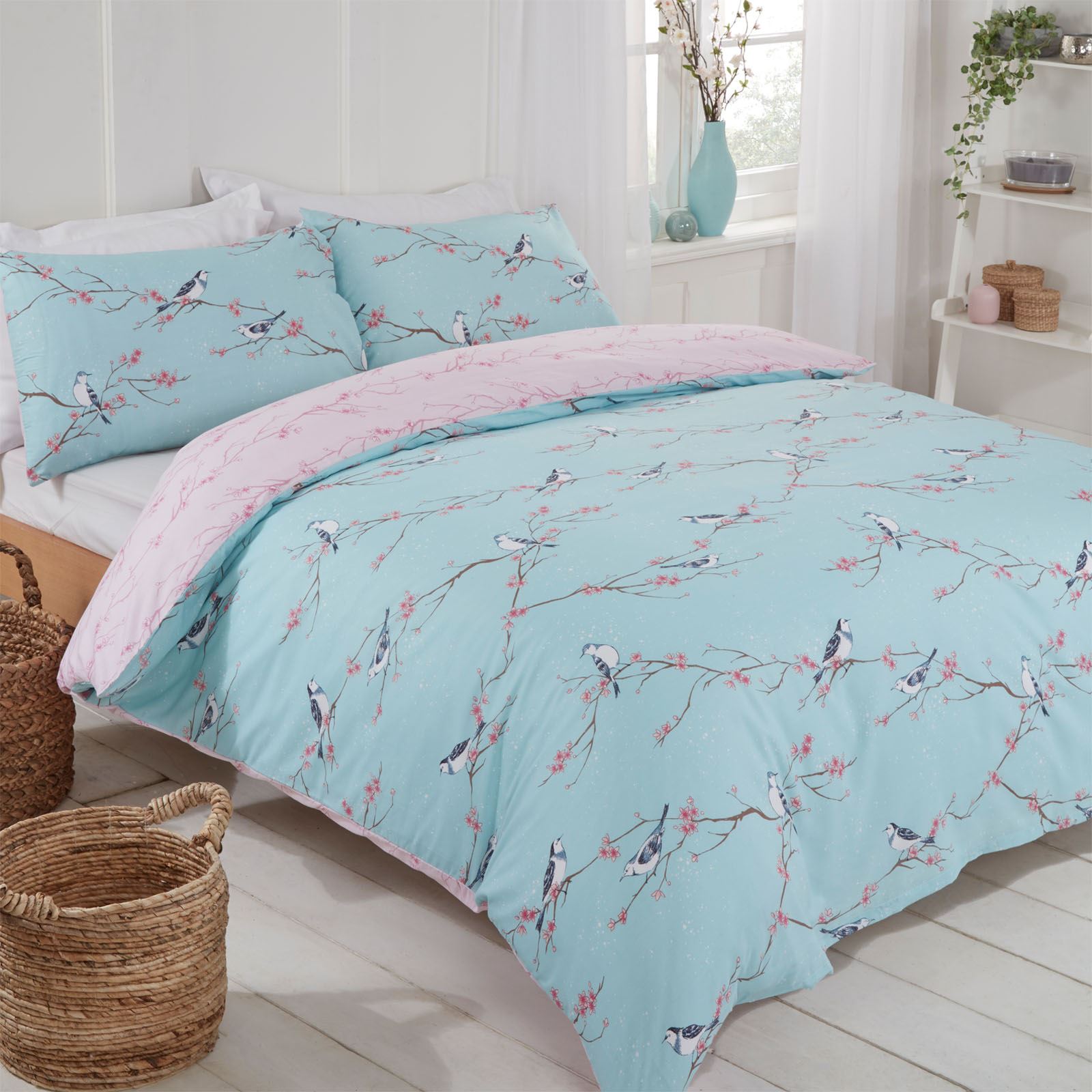 Dreamscene Blossom Bird Quilt Cover with Pillowcase Bedding Set Grey Blush Ochre