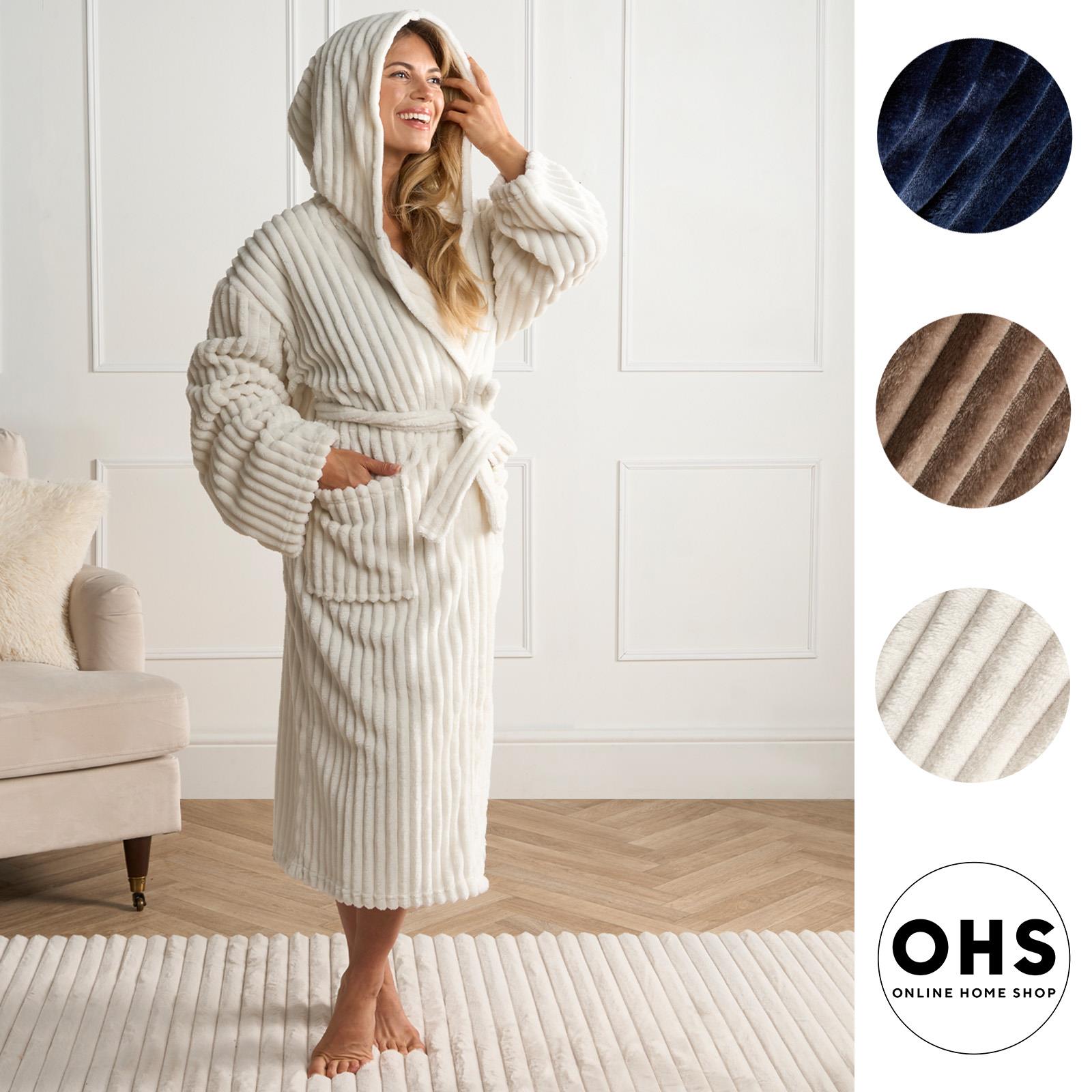 OHS Ribbed Fleece Dressing Gown Luxury Warm Supersoft Loungewear Ladies Robe