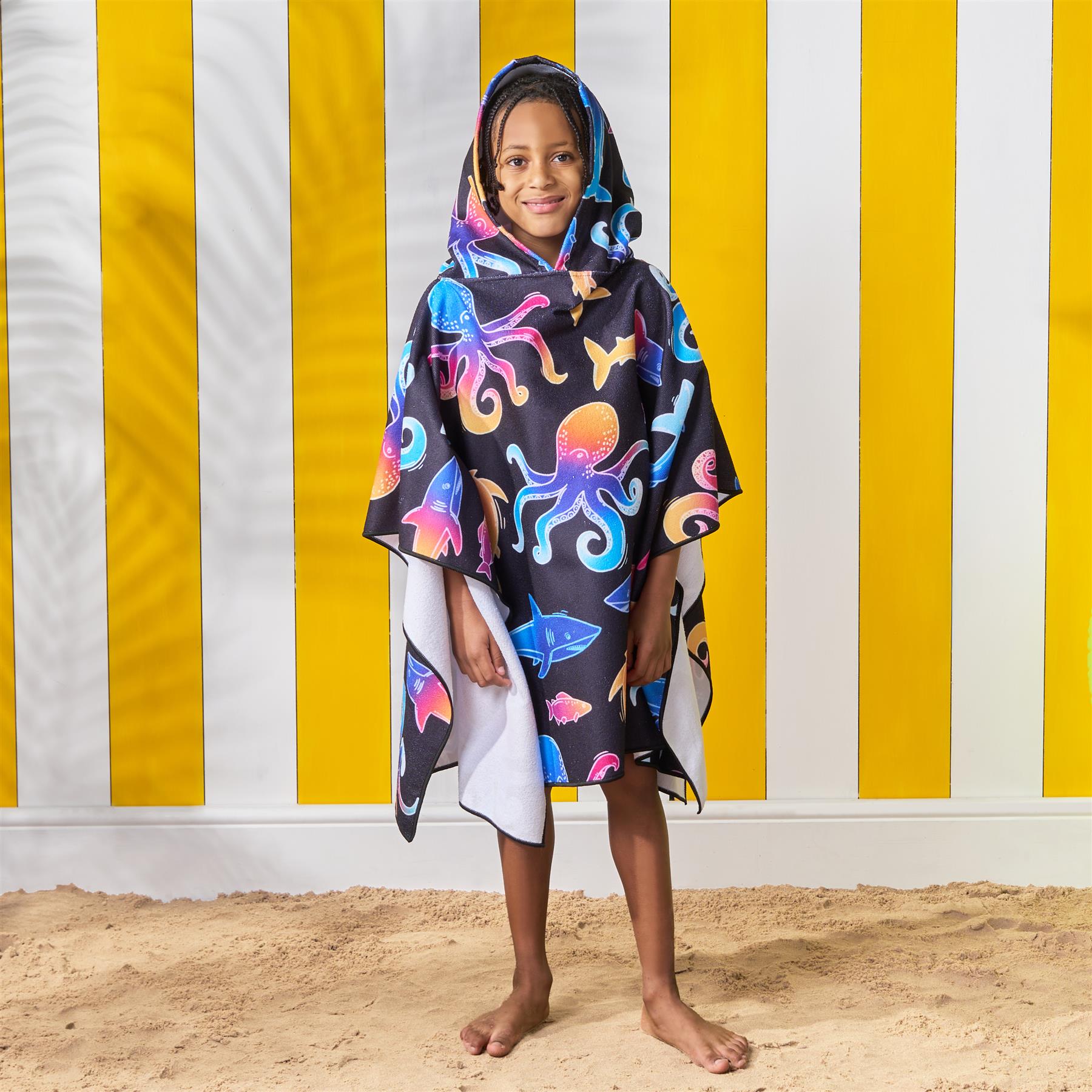 Kids Poncho Beach Towel Hooded Quick Dry Microfibre Holiday Swimming Absorbent - Picture 75 of 139