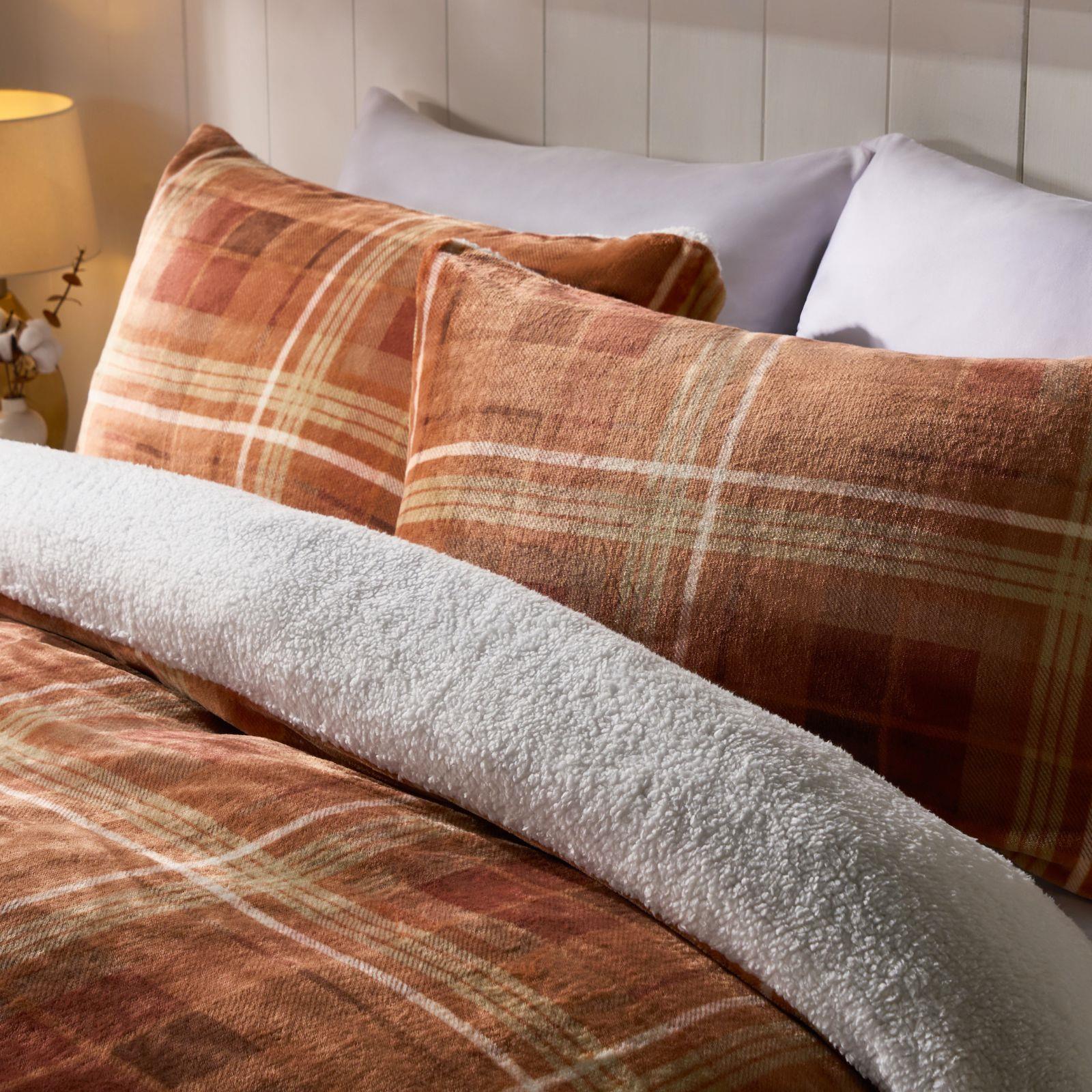OHS Autumn Check Bedding Set Tartan Sherpa Fleece Duvet Cover with Pillowcase