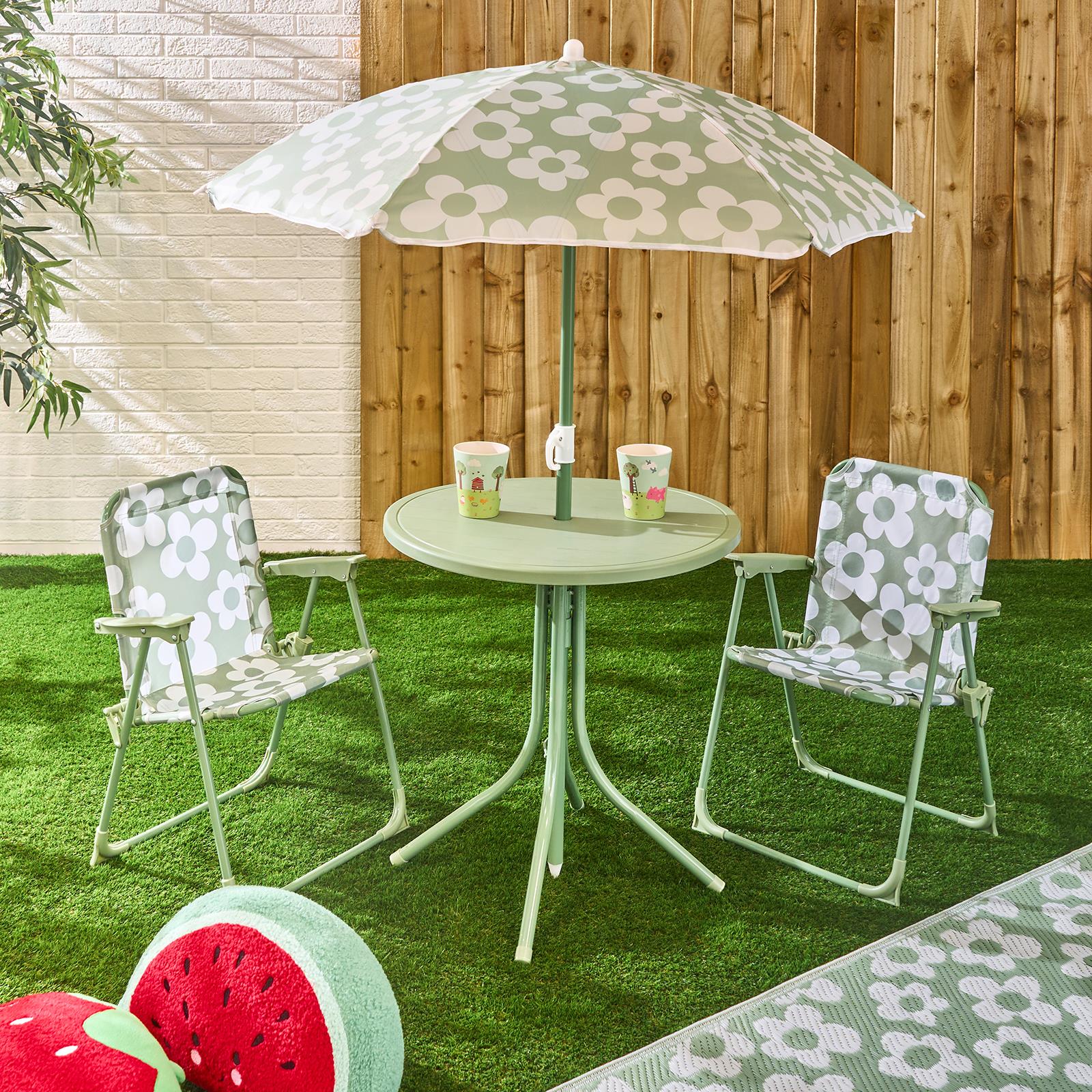 OHS Kids Folding Bistro Set Daisy Print Table Chair Seat with Parasol Garden