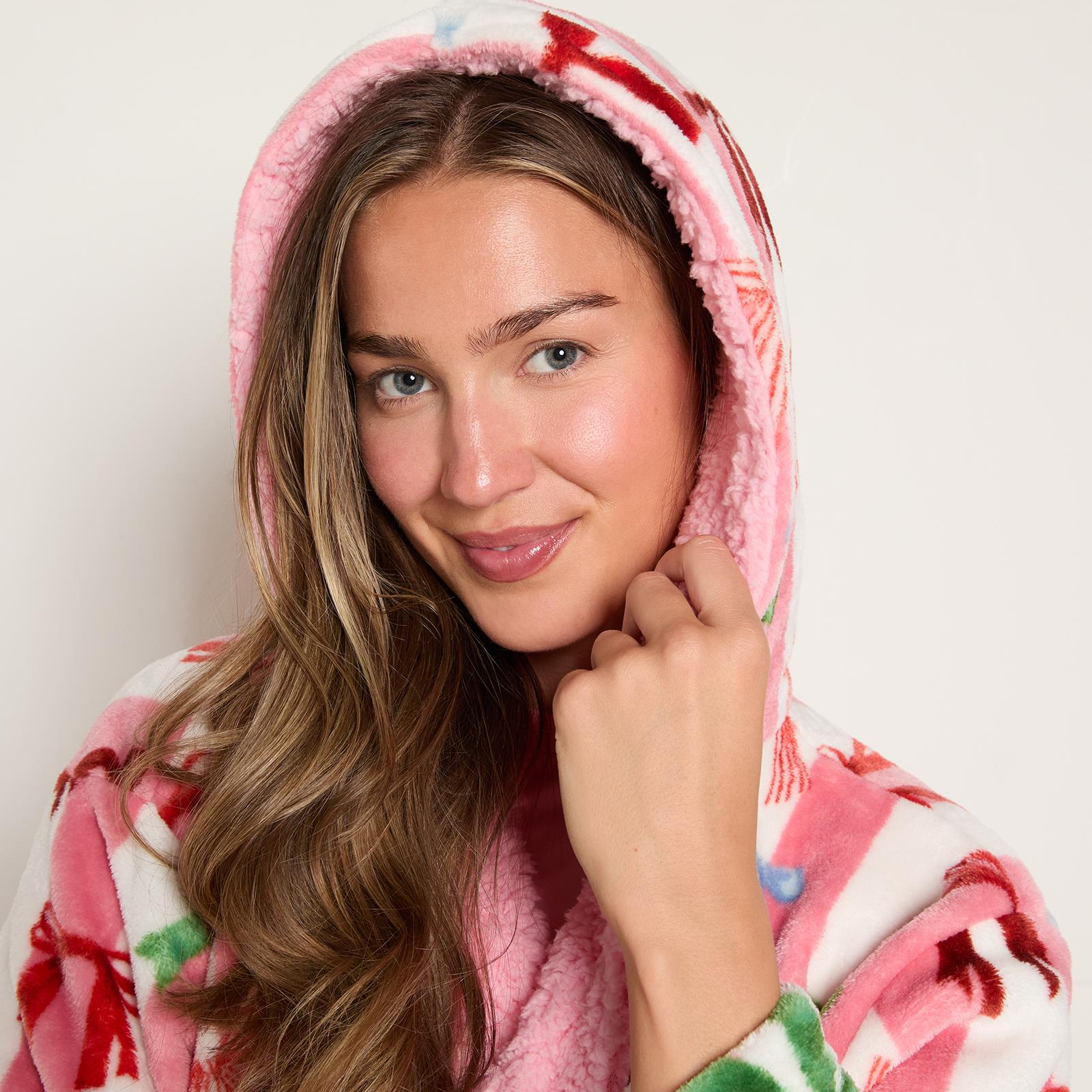 OHS Stripe Dressing Gown Flannel Fleece Robe Thermal Bathrobe Sherpa Lined