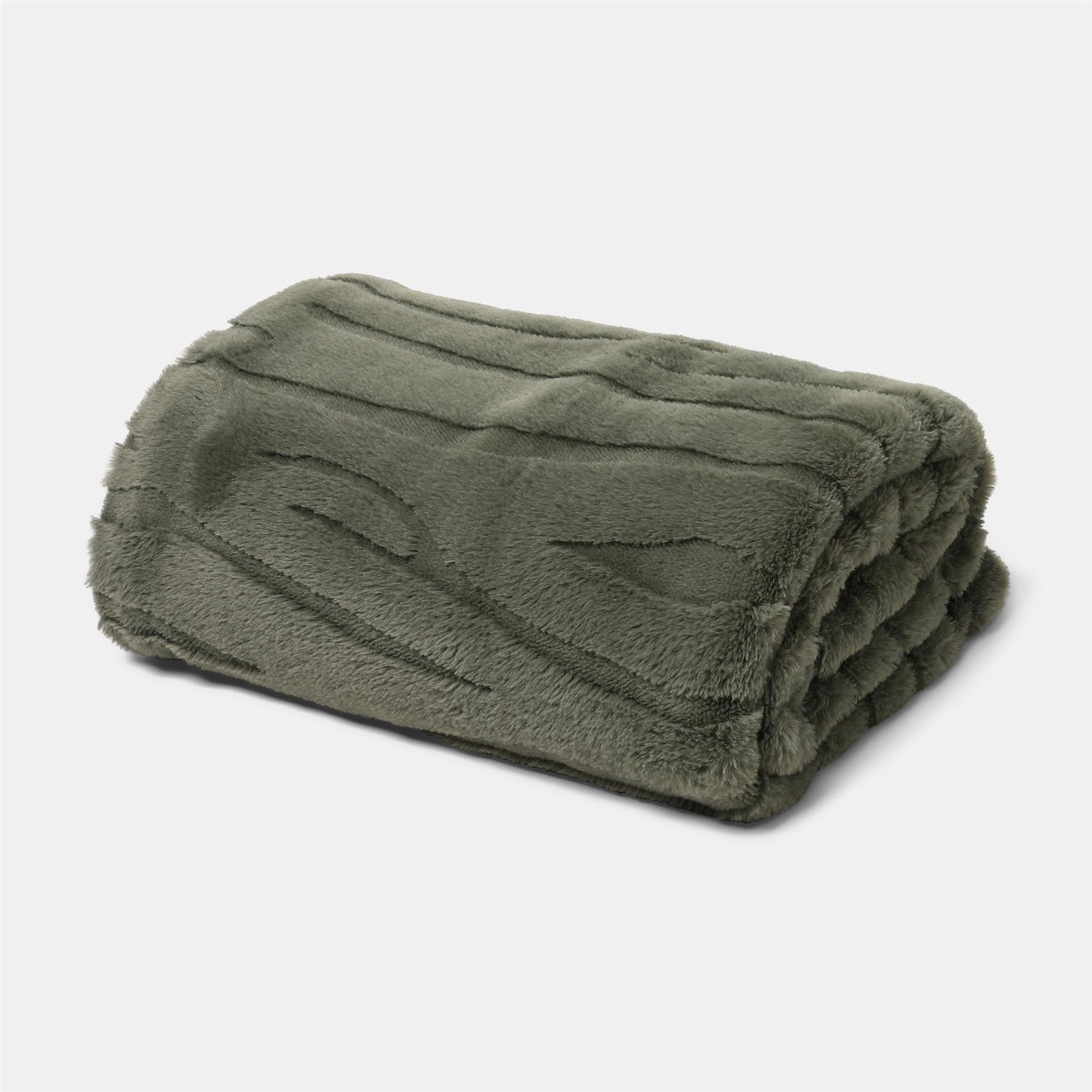 OHS Faux Fur Ribbed Fleece Throw Over Bed Blanket Supersoft, Green - 150 x 200cm
