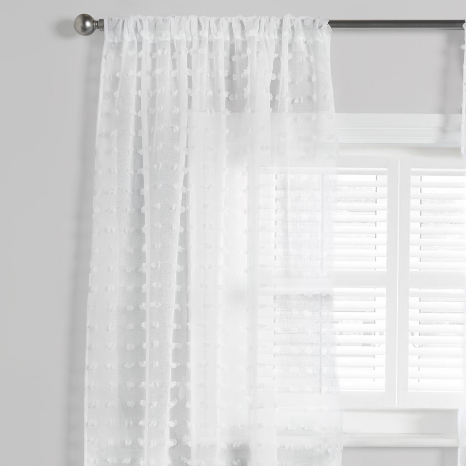 OHS Pompom Tufted Voile Net Curtains Pair 2 Window Panels Slot Top Set 55