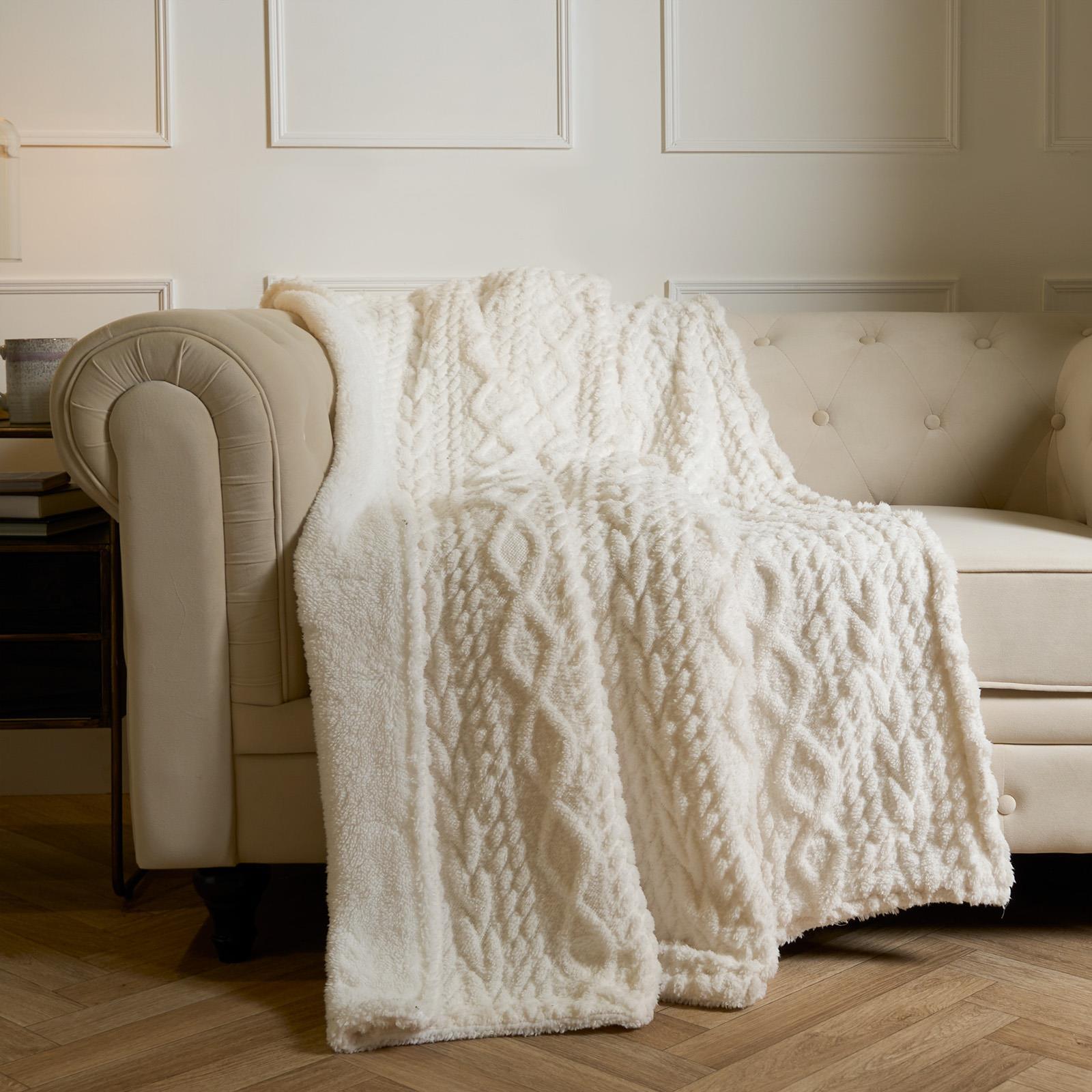 OHS Cable Knit Blanket Sherpa Fleece Sofa Plush Soft Warm Throw Over Bed Chair
