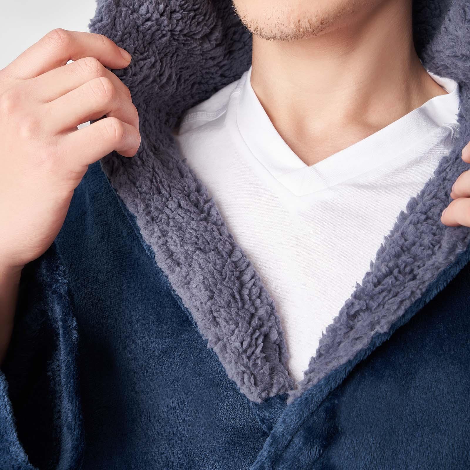 OHS Mens Dressing Gown Long Hooded Soft Flannel Fleece Sherpa Bathrobe Lounge