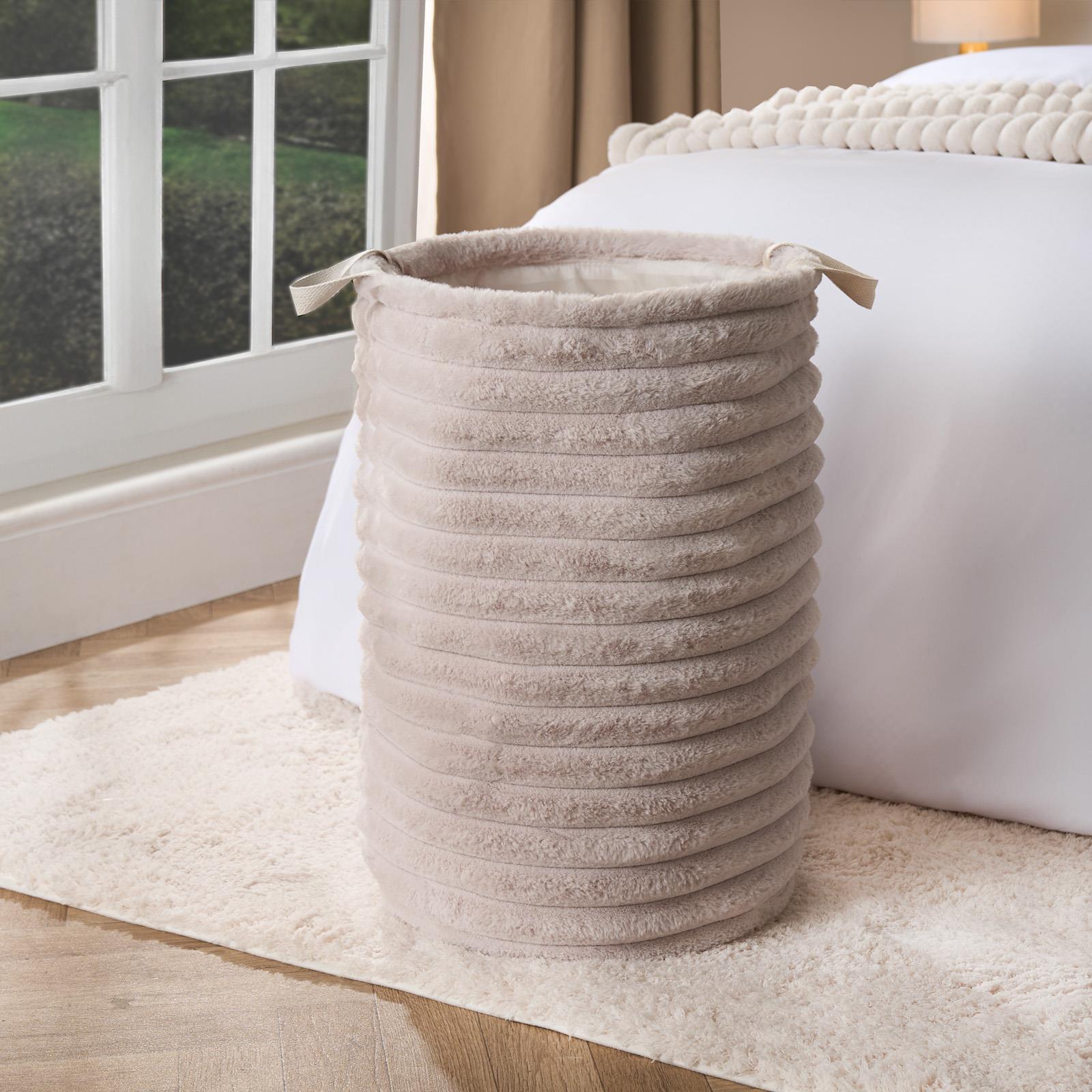 OHS Ribbed Laundry Basket Faux Fur Folding Hamper Bag Clothes Bin with Handles