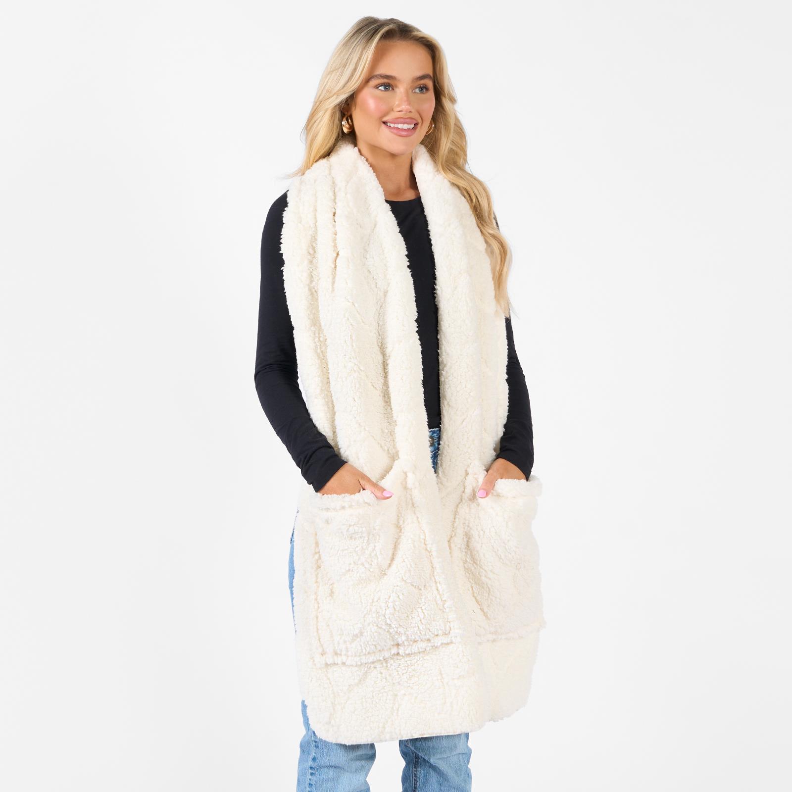 Braided Fleece Scarf Long Supersoft Thermal Pockets Shawl Wrap Hand Neck Warmer