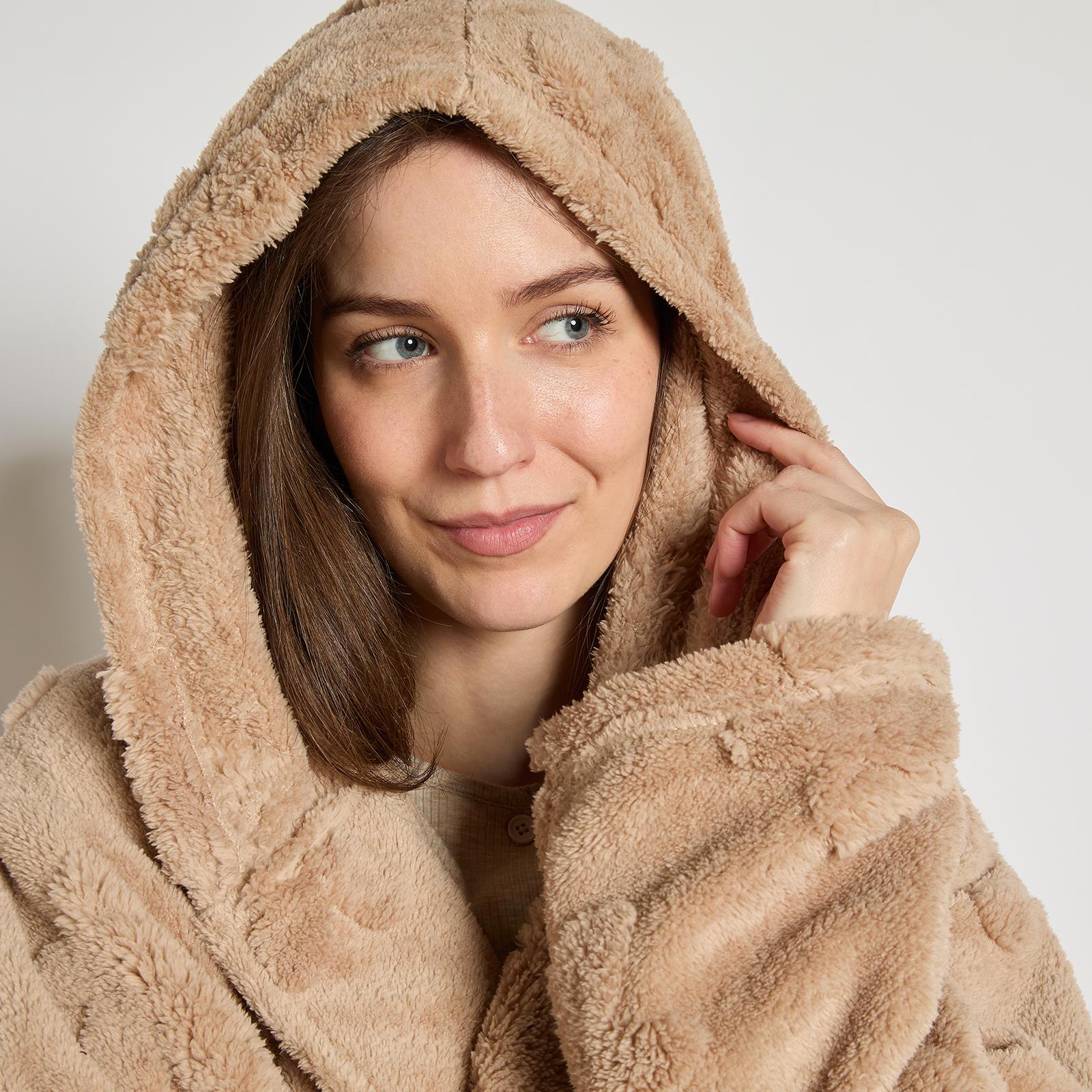 OHS Tufted Dressing Gown Soft Fleece Robe Thermal Bathrobe Hooded Loungewear