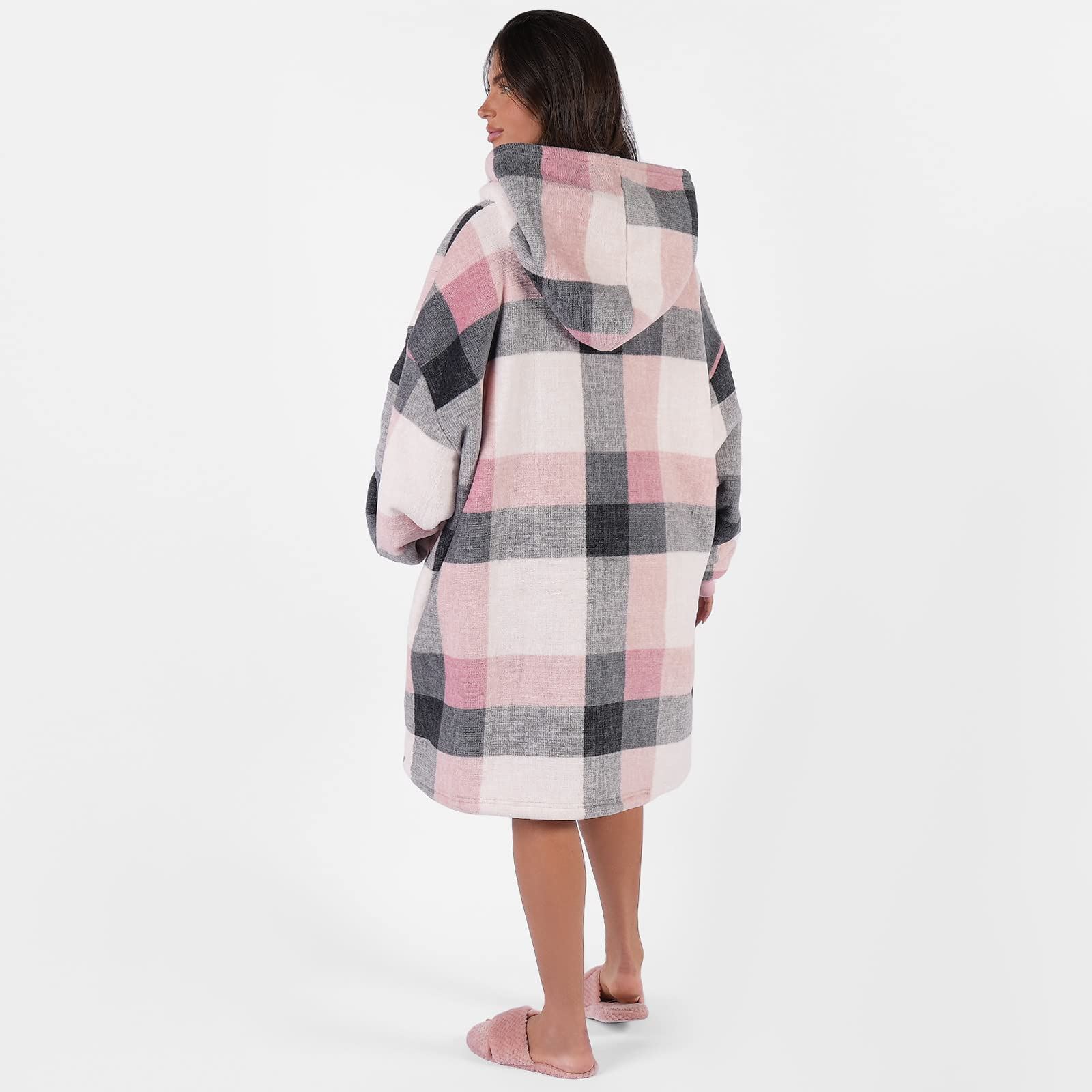 Dreamscene Check Hoodie Blanket Soft Wearable Sherpa Oversized Sweatshirt, Blush