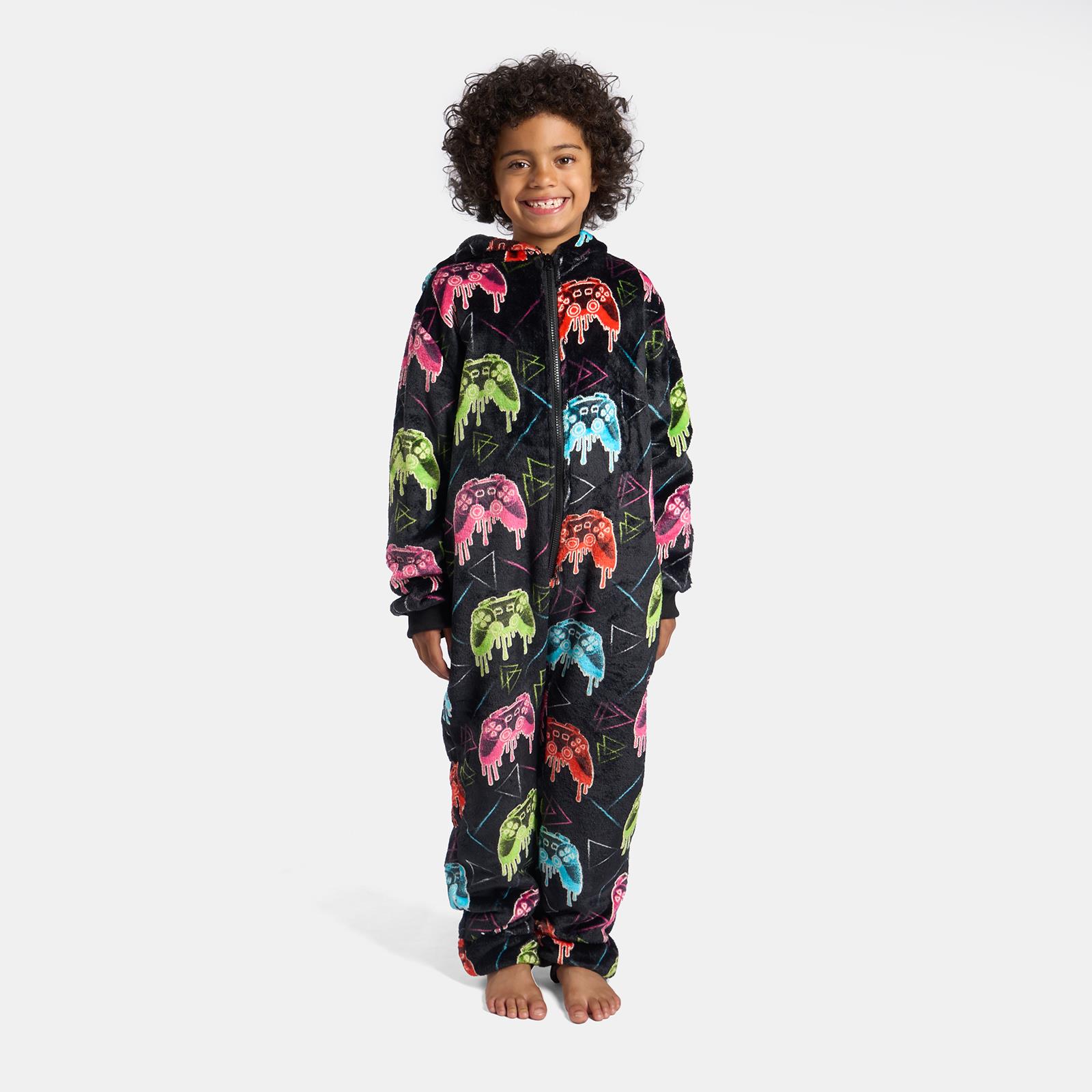 OHS Kids All In One Pyjama Glow in the Dark Gaming Print Sherpa Lined Loungewear