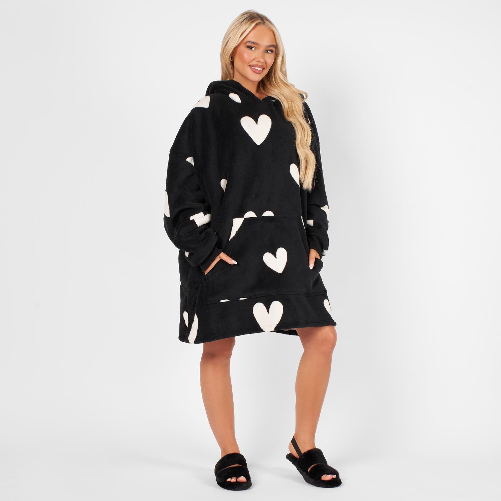 OHS Heart Print Hoodie Blanket Oversized Adult Fleece Sherpa Throw Jumper