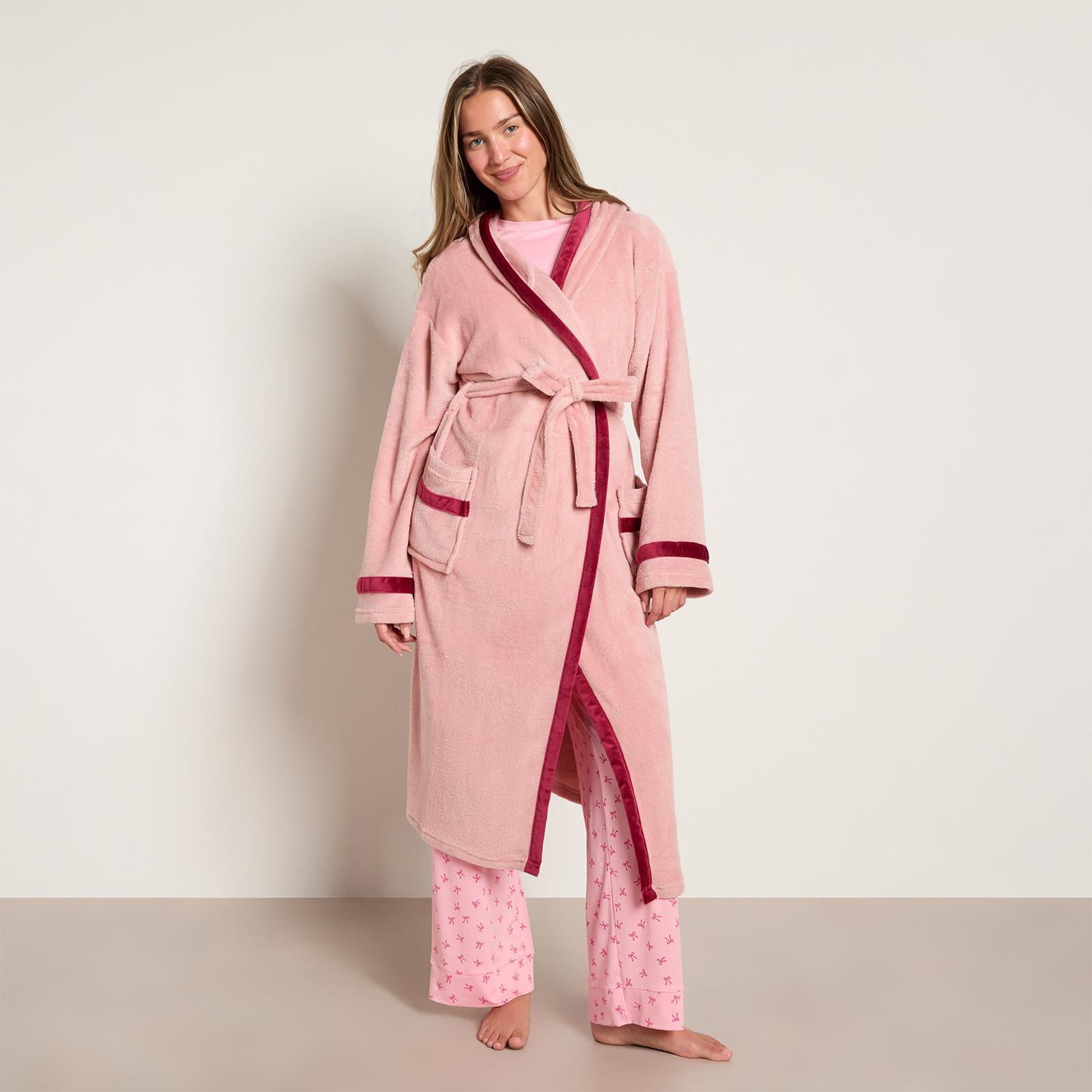 OHS Piped Edge Dressing Gown Flannel Fleece Winter Loungewear Hooded Bathrobe