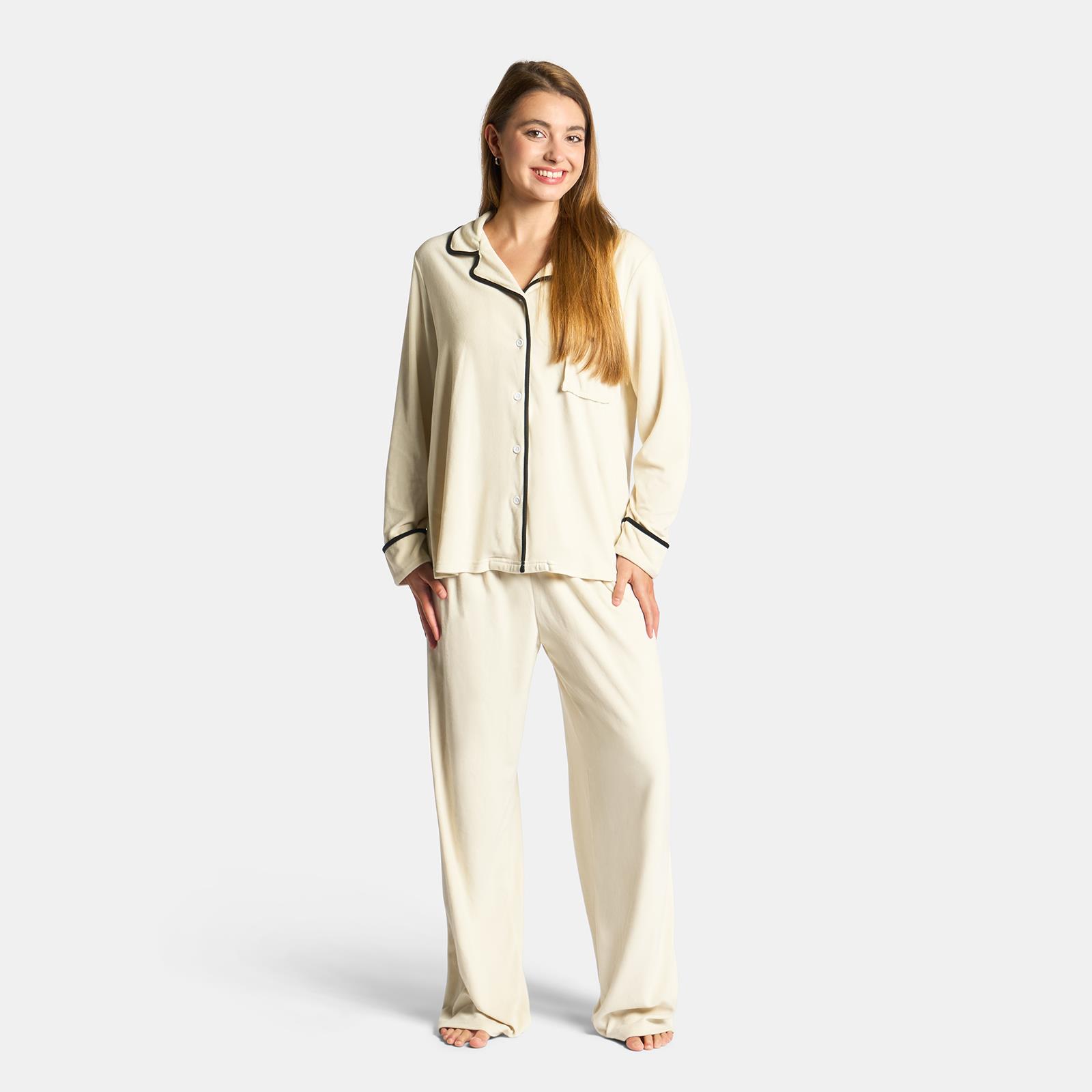 OHS Piped Edge Pyjama Set Button Through Fleece Womens Loungewear Nightwear Pjs