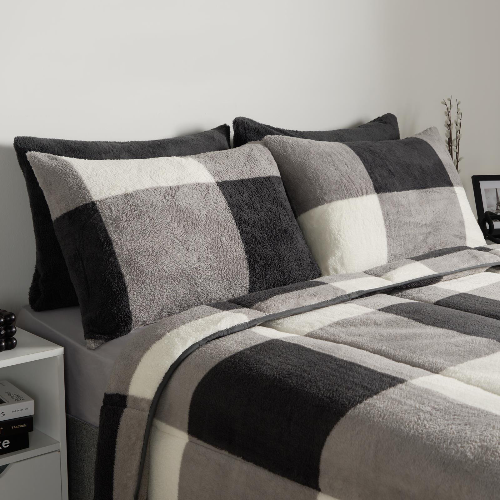 OHS Check Coverless Duvet Pillowcase Bedding Set Teddy Fleece Gingham 10.5 TOG