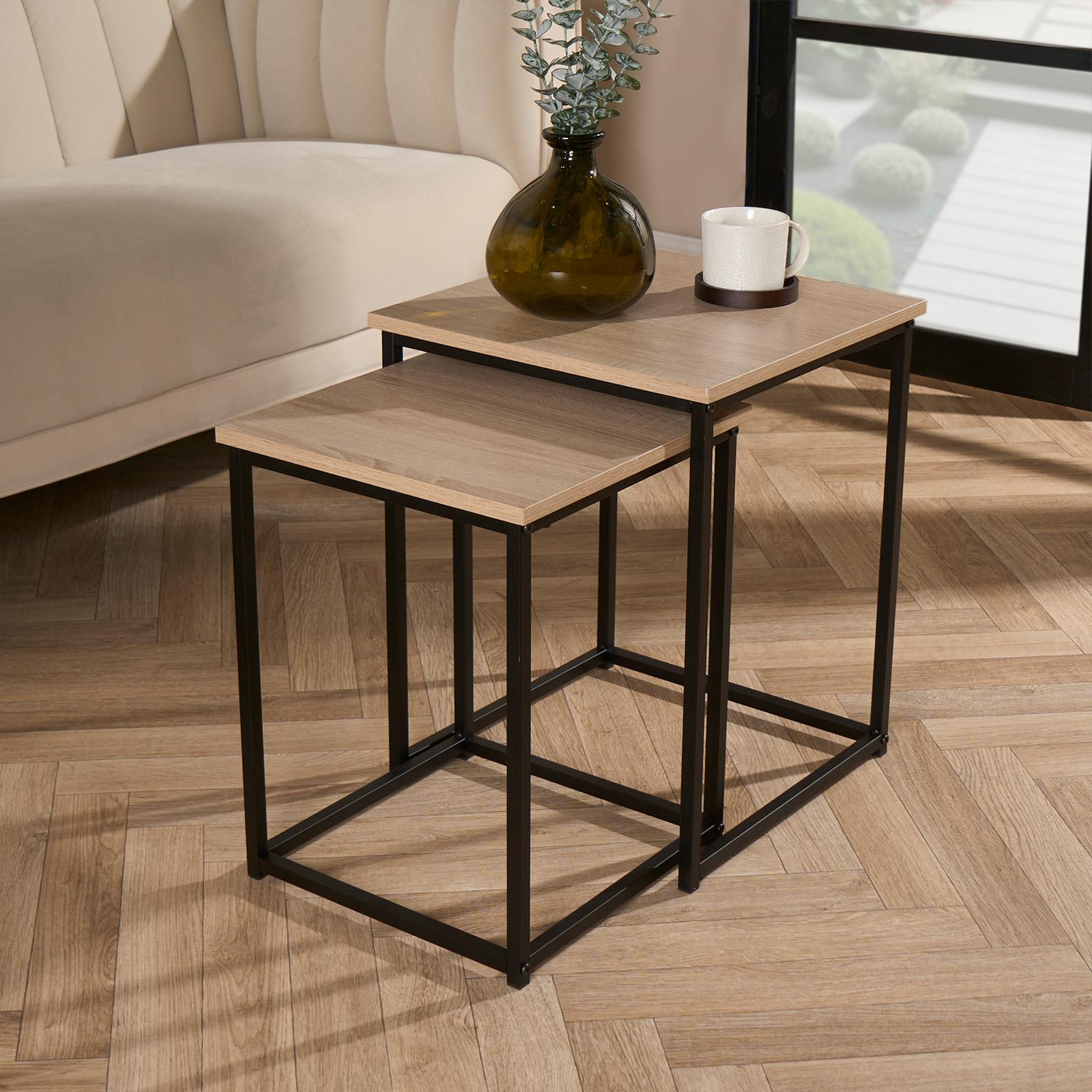 Nest of Tables Square Wood Top Modern End Side Living Room Home Decor Set of 2