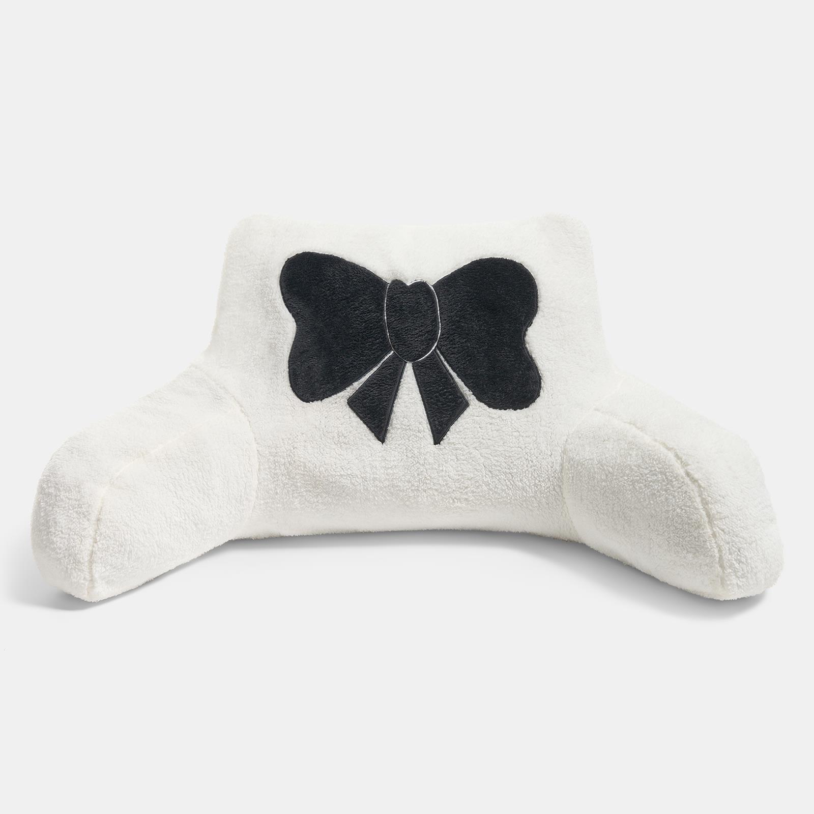 OHS Embroidered Bow Cuddle Cushion Teddy Fleece Reading Pillow with Arms