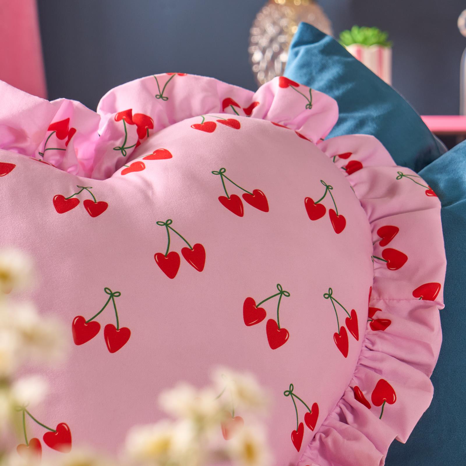 OHS Heart Scatter Cushion Cherry Print Frill Microfibre Decorative Throw Pillow