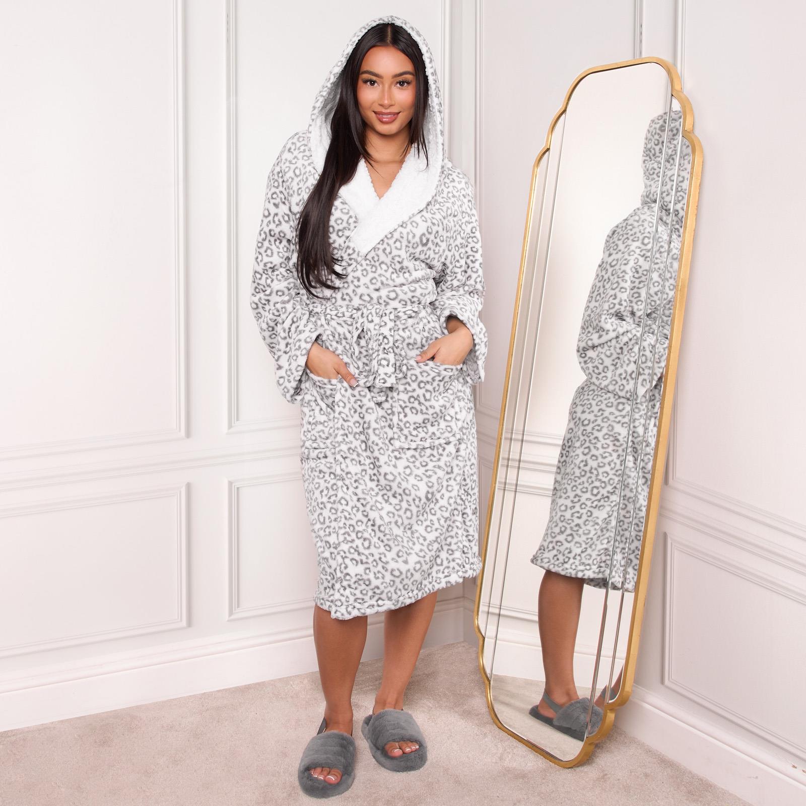 slim fit dress slacks White And Grey Cheetah Robe