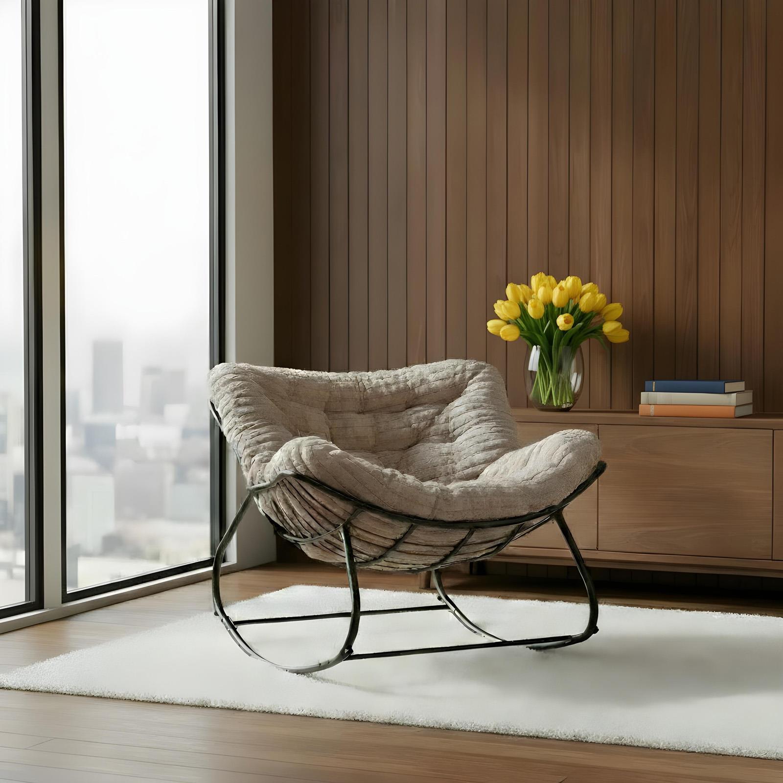 OHS Rocking Chair Ribbed or Smooth Faux Fur Upholstered Metal Frame Cushioned