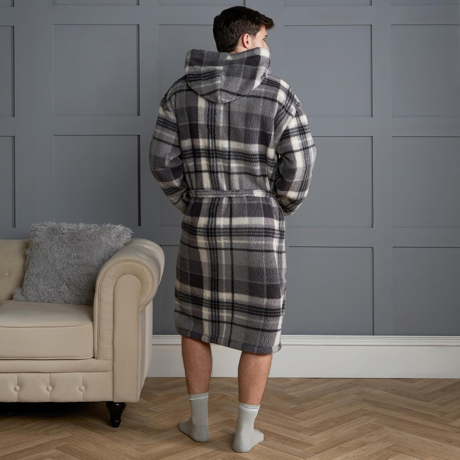 OHS Teddy Dressing Gown Tartan Check Soft Unisex Hooded Xmas Loungewear Robe