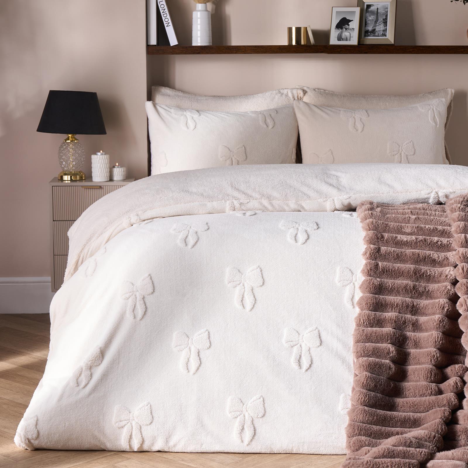 OHS Bow Tufted Bedding Set Teddy Fleece Super Soft Duvet Cover with Pillowcase