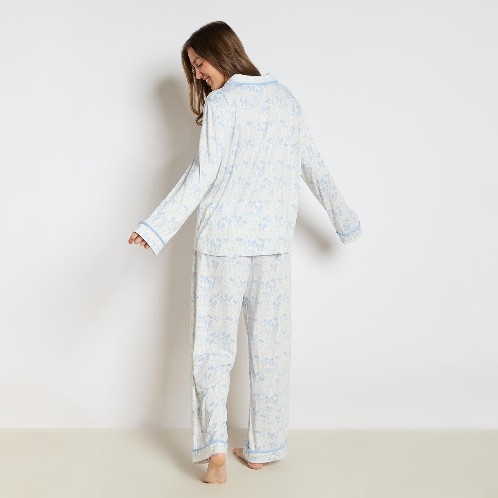 OHS Bows Pyjama Set Womens Jersey Button Through Soft Nightwear Loungewear