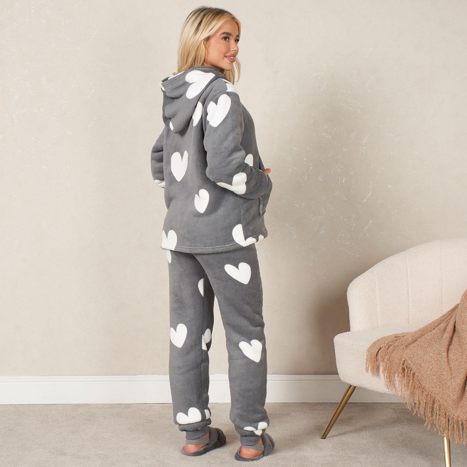 Ladies Fleece Pyjama Set Soft Sherpa Womens PJ Heart Lounge Pants Warm Nightwear
