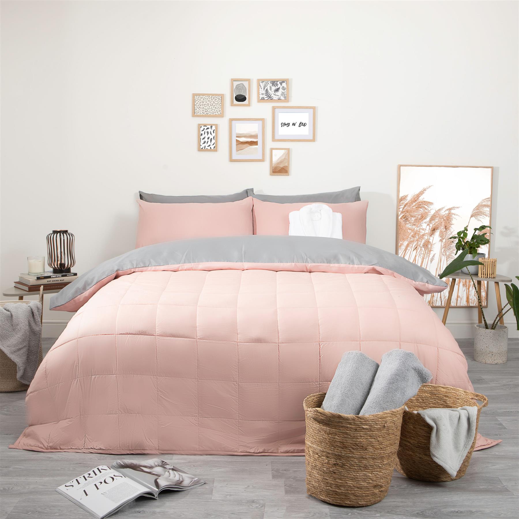 Brentfords Reversible Blush Grey Duvet Cover with Pillowcase Pink Bedding Set