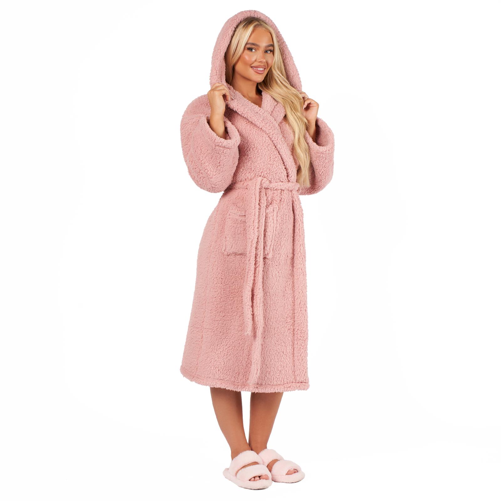 Teddy Fleece Long Dressing Gown Ladies Warm House Coat Hooded Long Cosy Robe - Picture 12 of 17