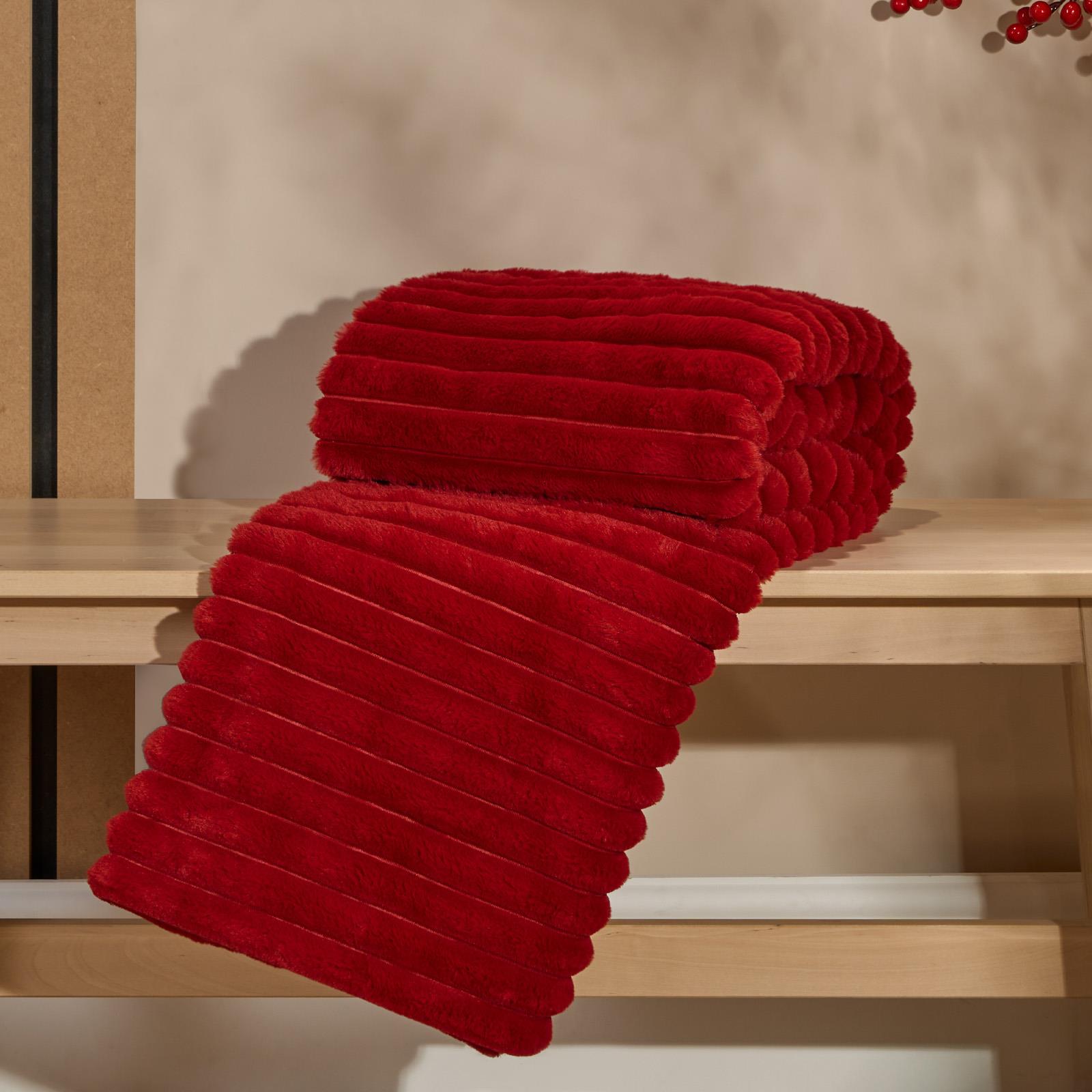 OHS Faux Fur Ribbed Fleece Throw Over Bed Blanket Warm Supersoft