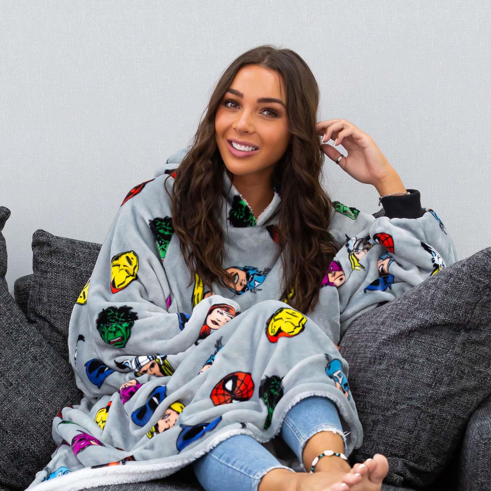 Marvel Comics Hoodie Blanket Sherpa Fleece Soft Oversized Jumper Throw, Grey