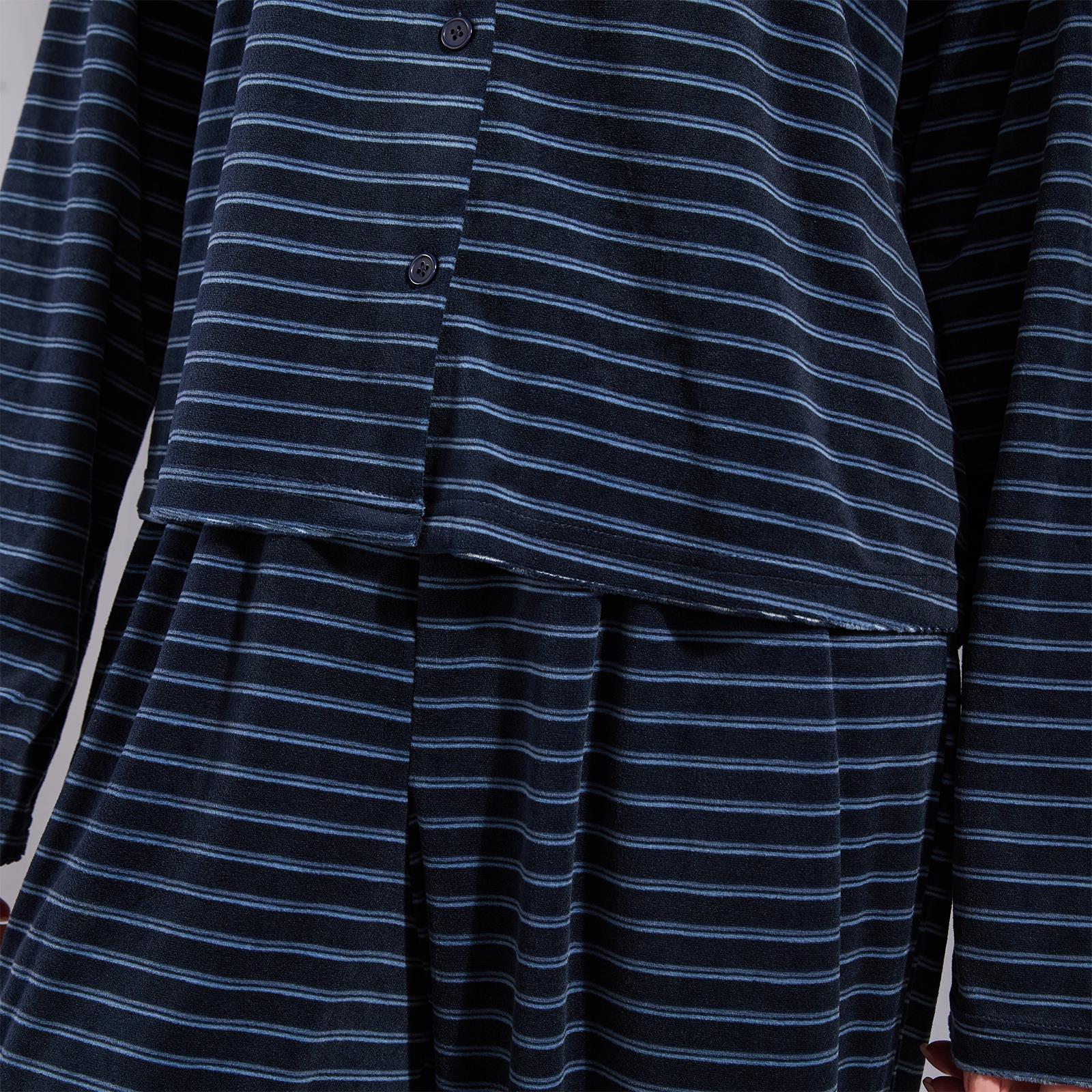 OHS Matte Velvet Loungewear Co-Ord Set Stripe Print Button Through Nightwear