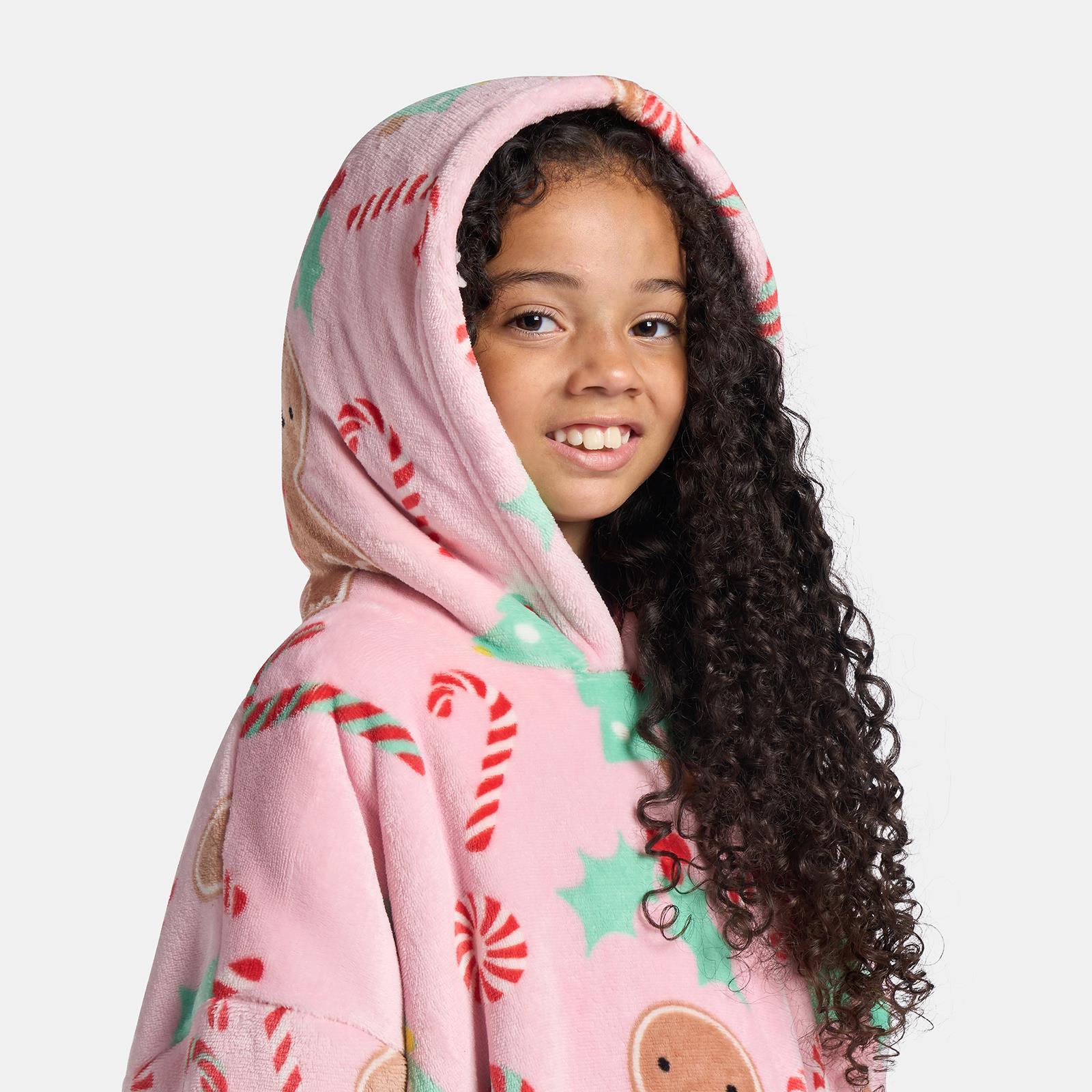 OHS Xmas Blanket Hoodie Kids Christmas Print Sherpa Oversized Hooded Throw