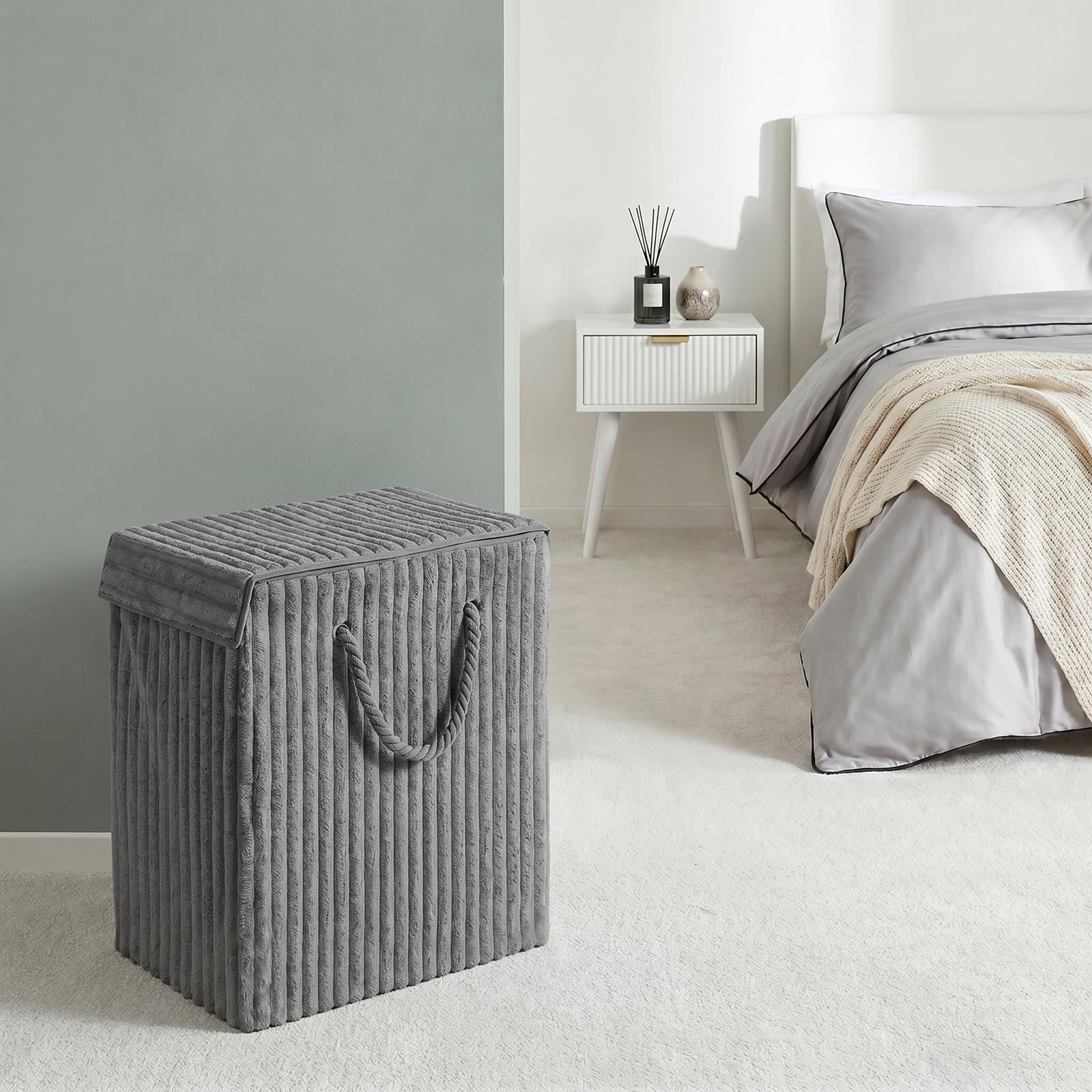 OHS Ribbed Laundry Basket with Lid Foldable Hamper Bag Washing Bin Storage