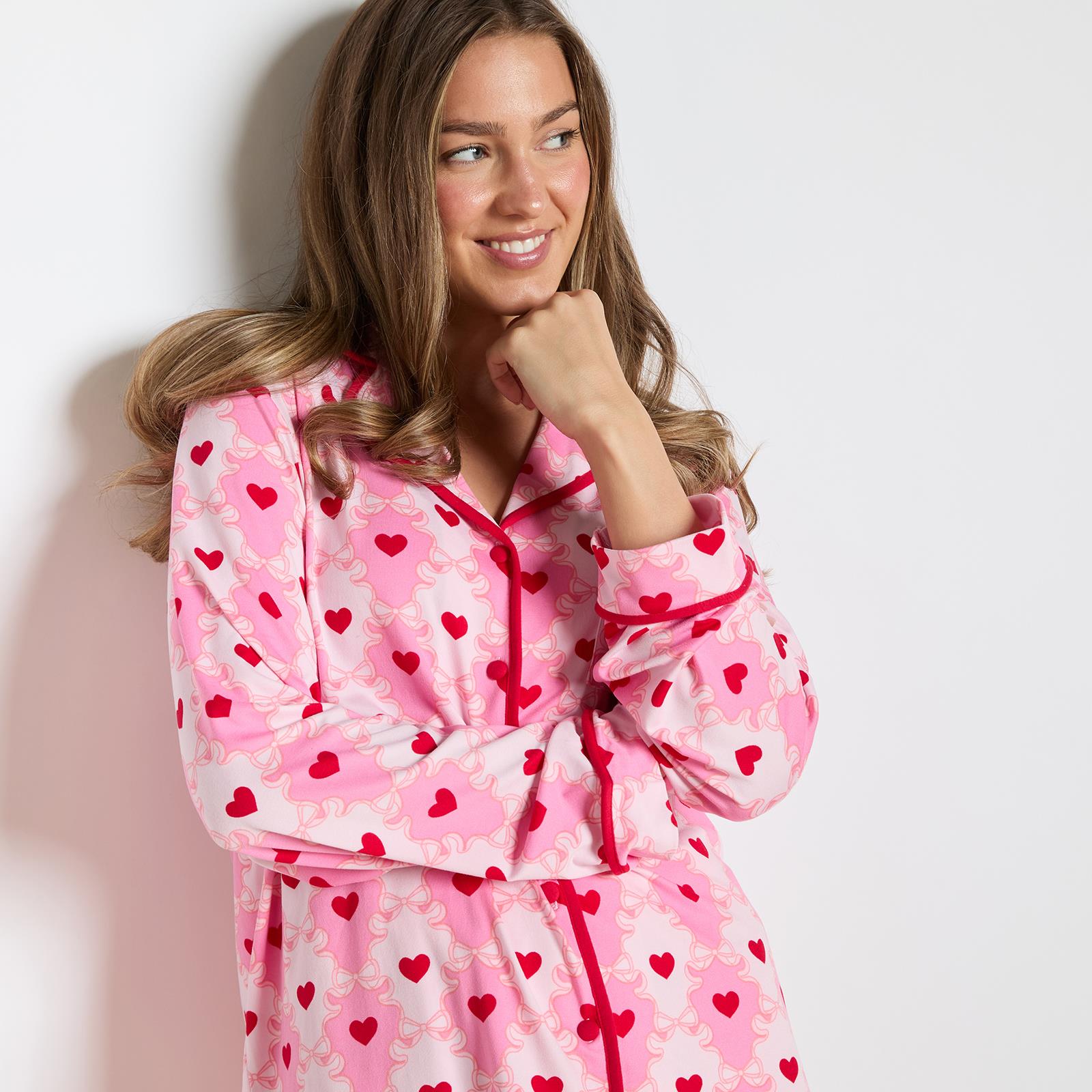 OHS Bows Pyjama Set Womens Jersey Button Through Soft Nightwear Loungewear