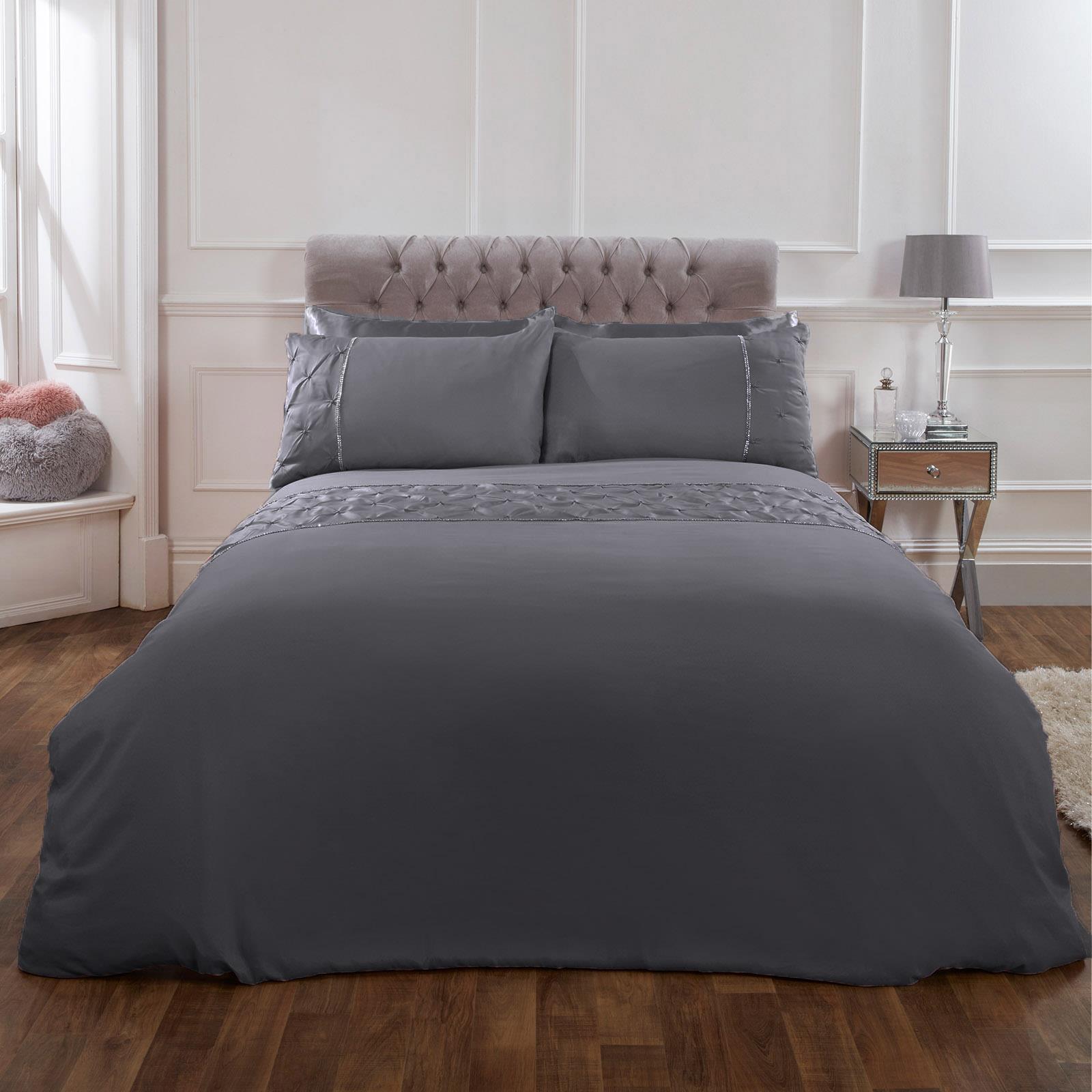 Sienna Satin Pintuck Diamante Band Duvet Cover with Pillowcase Bedding