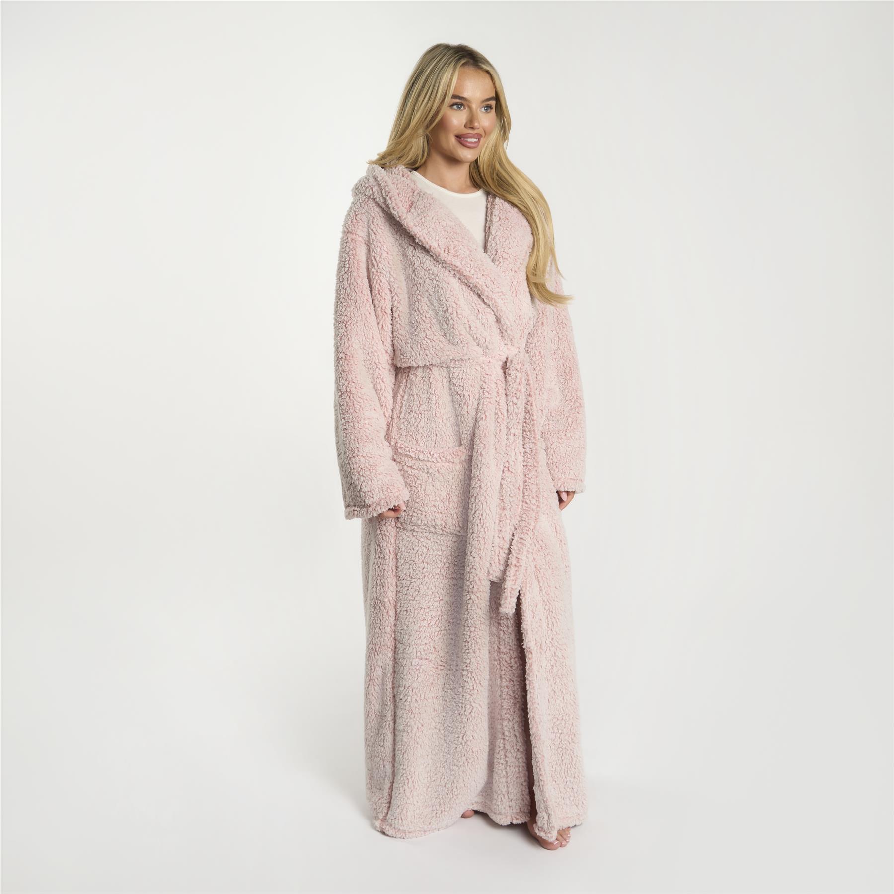 OHS Teddy Marl Fleece Soft Adults Dressing Gown Unisex Full-Length Robe