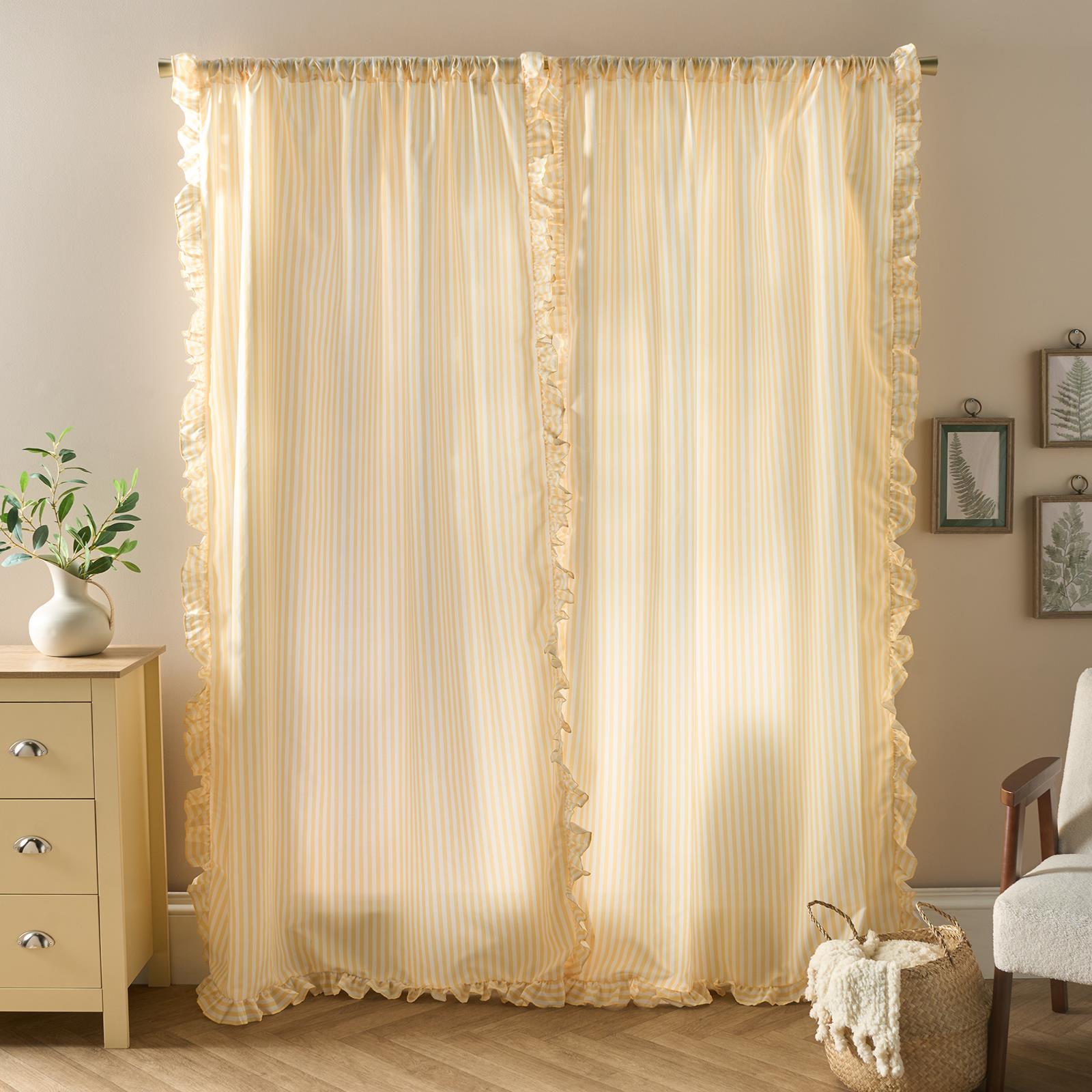 OHS Stripe Frill Voile Net Curtains 2 Window Panels Sheer Rod Slot Top Pair Set