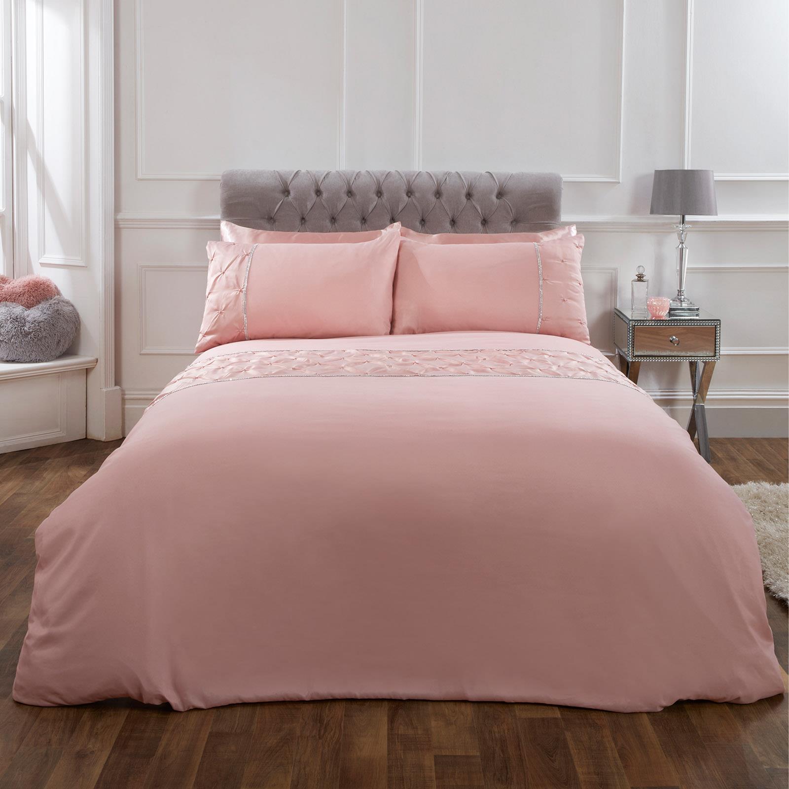 Sienna Satin Pintuck Diamante Band Duvet Cover with Pillowcase Bedding