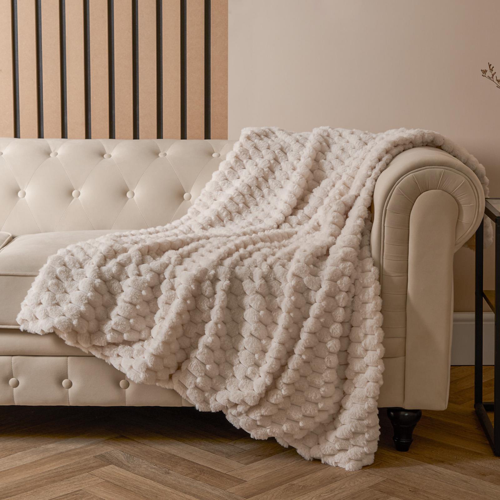 OHS Waffle Throw Bed Blanket Faux Fur Supersoft Warm Fleece Cosy Plush