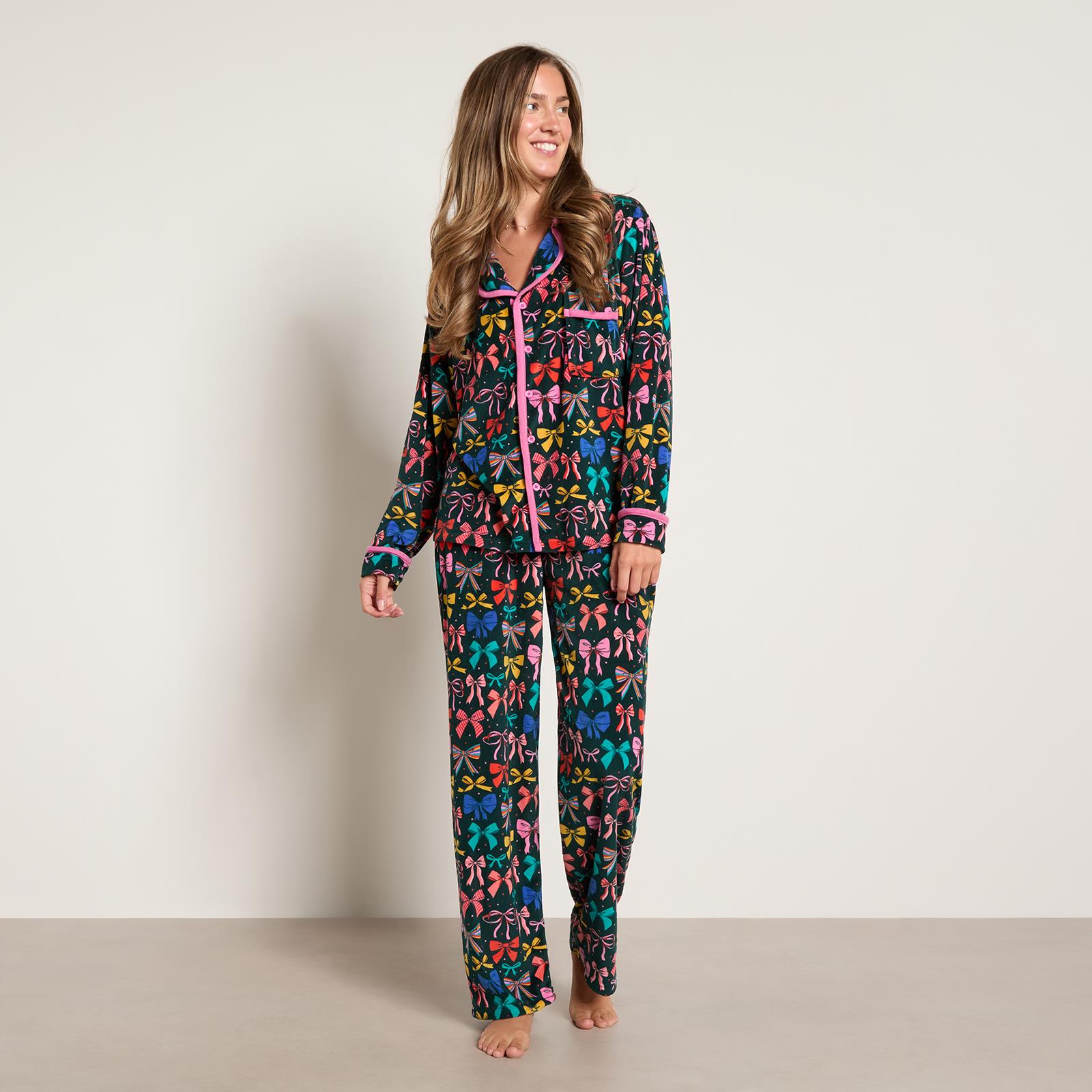OHS Matte Velvet Pyjama Set Festive Piped Button Through Nightwear PJs