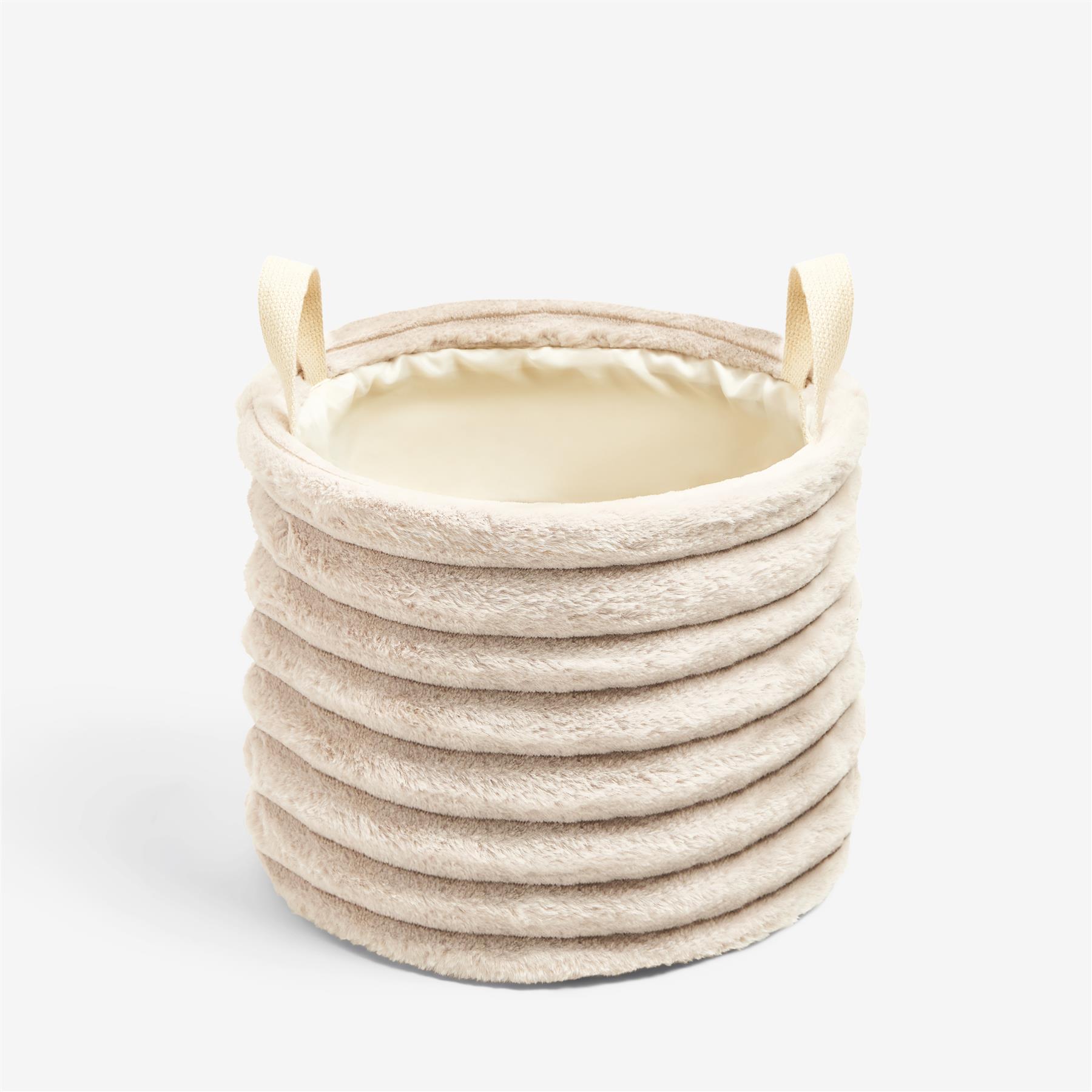 OHS Ribbed Storage Basket with Handles Faux Fur Compact Bucket Organiser
