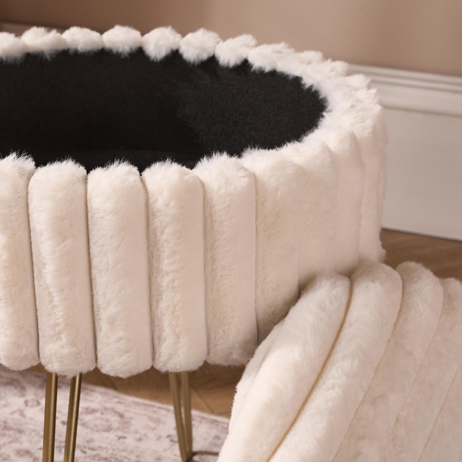 OHS Faux Fur Stool Hairpin Ribbed Fleece Round Vanity Seat Foot Rest Chair