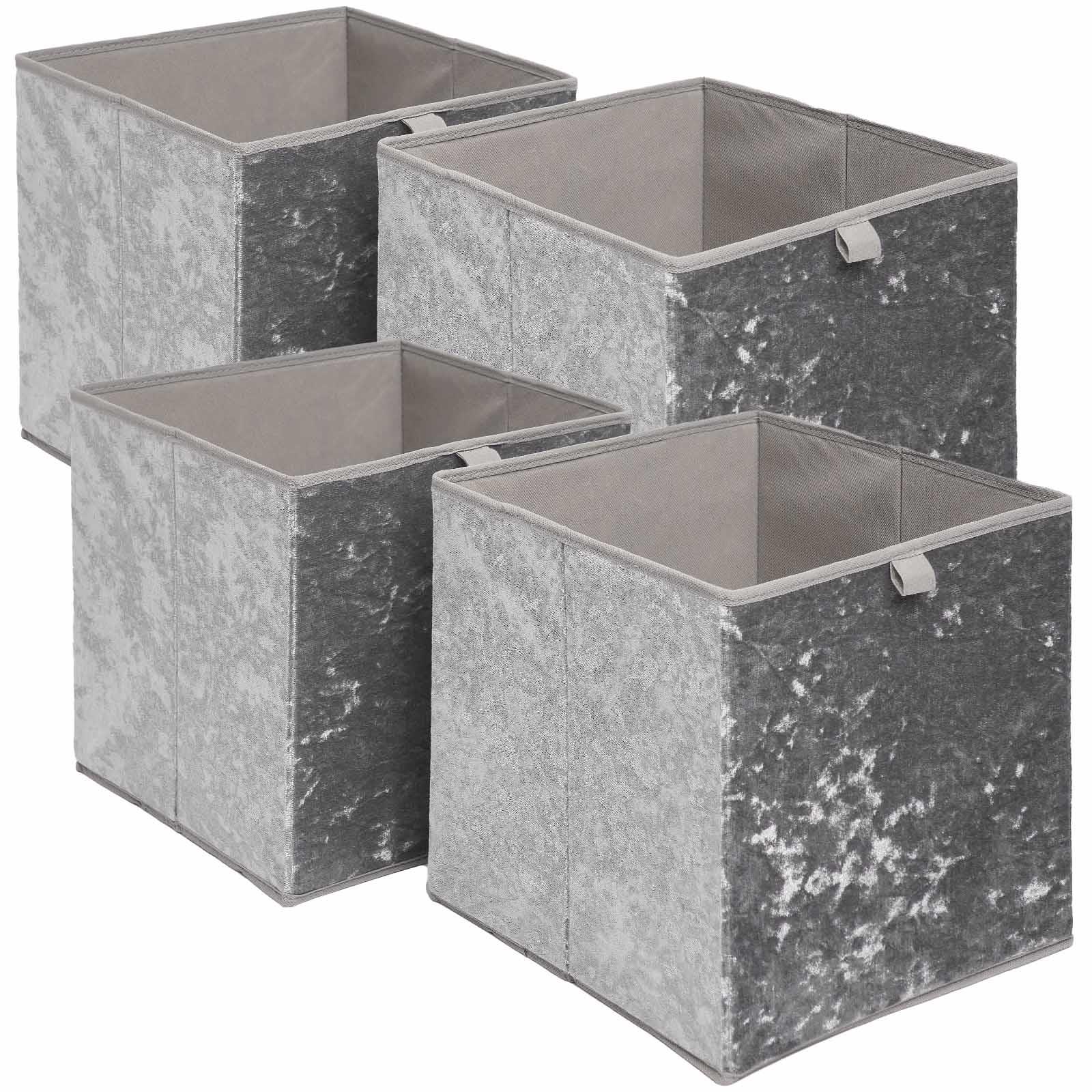 OHS Pack of 4 Crushed Velvet Storage Boxes Collapsible Foldable Square Cube Box