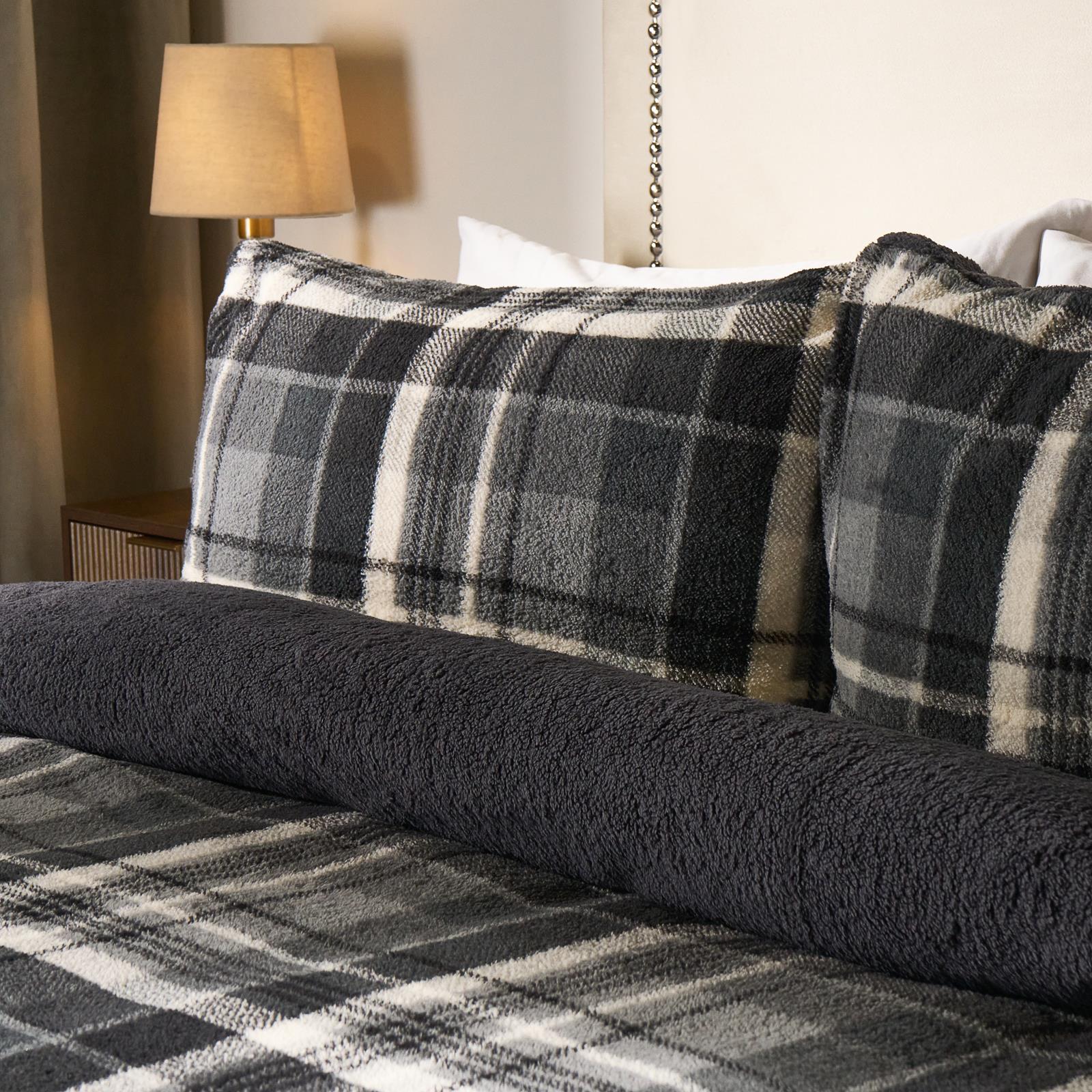 OHS Tartan Check Teddy Fleece Thermal Duvet Cover Bedding Set