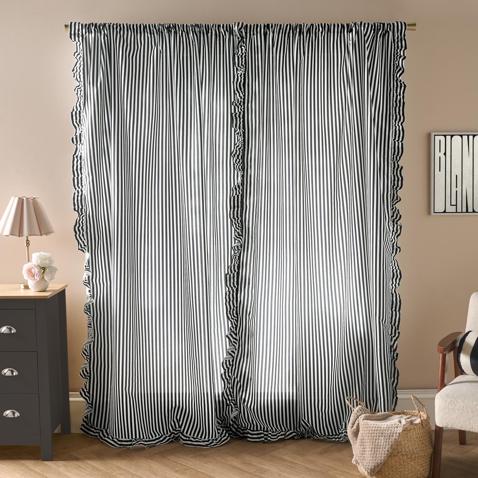 OHS Stripe Frill Voile Net Curtains 2 Window Panels Sheer Rod Slot Top Pair Set